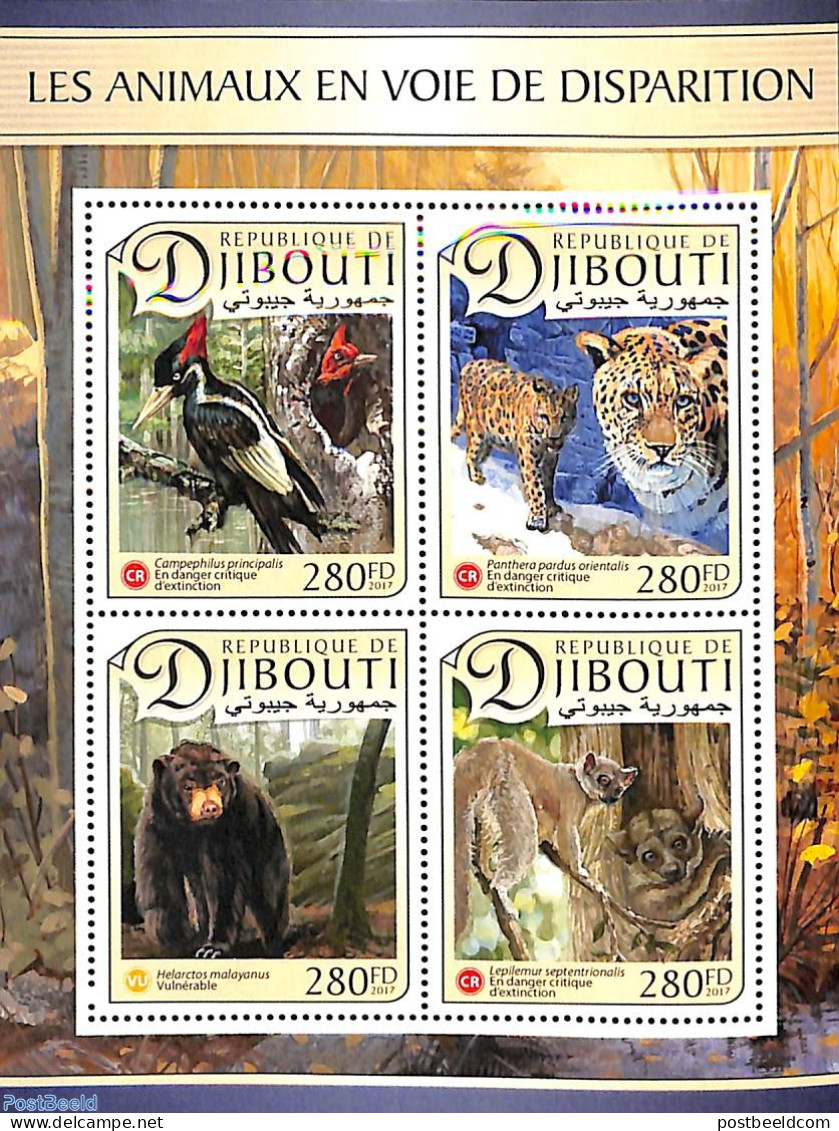 Djibouti 2017 Endangered Animals 4v M/s, Mint NH, Nature - Animals (others & Mixed) - Bears - Birds - Cat Family - Gibuti (1977-...)