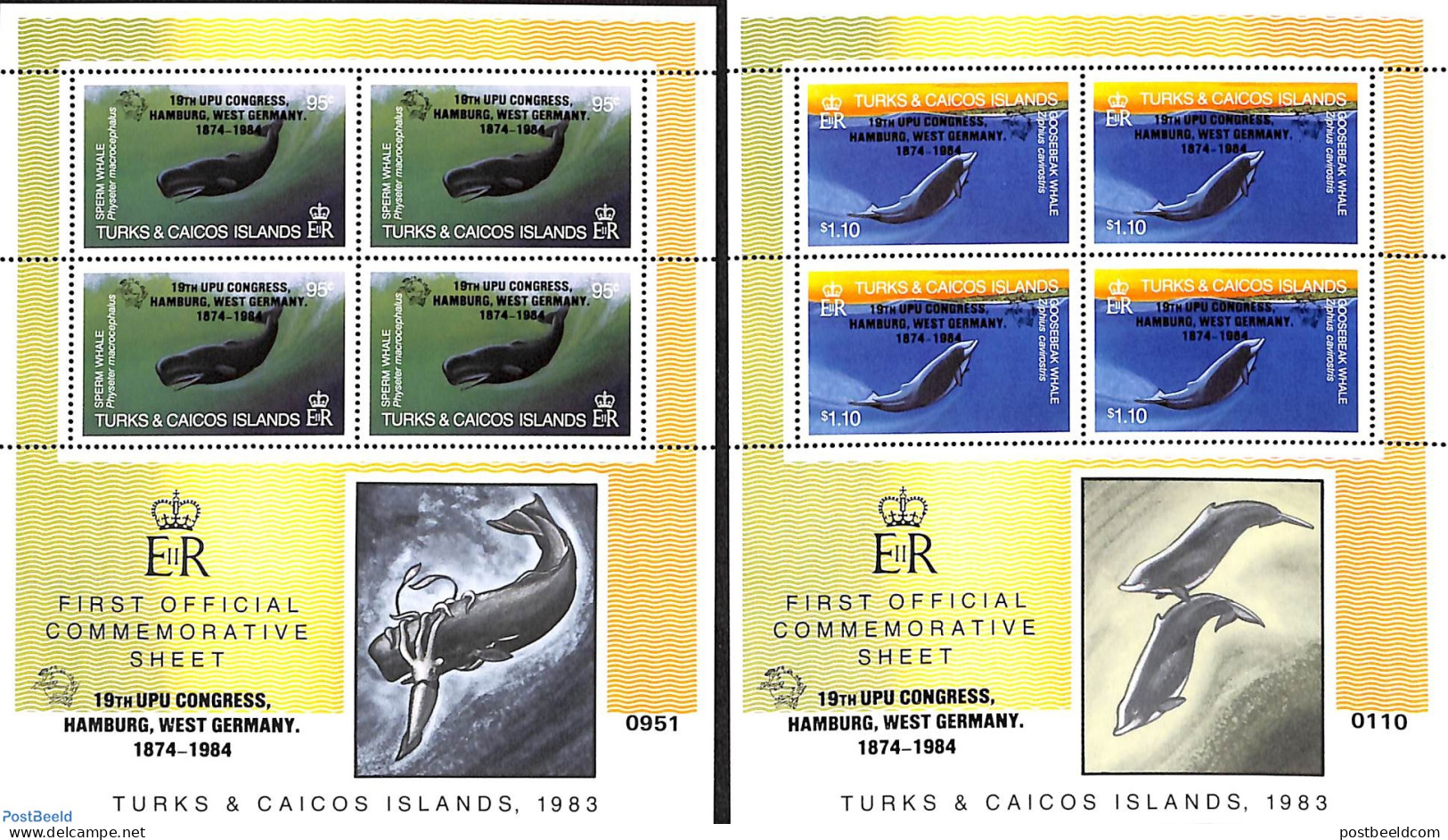 Turks And Caicos Islands 1984 UPU Congress 2 M/s, Mint NH, Nature - Sea Mammals - U.P.U. - U.P.U.