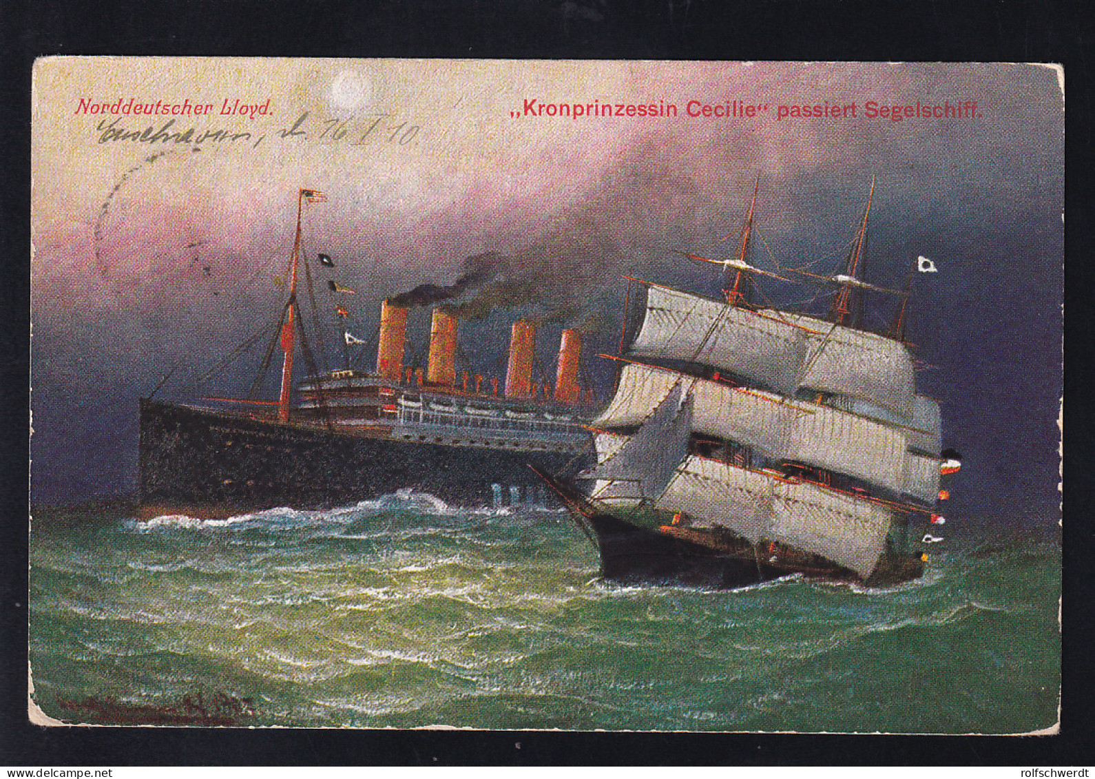 Dampfer "Kronprinzessin Cecilie" Passiert Segelschiff, Künstlerkarte - Passagiersschepen