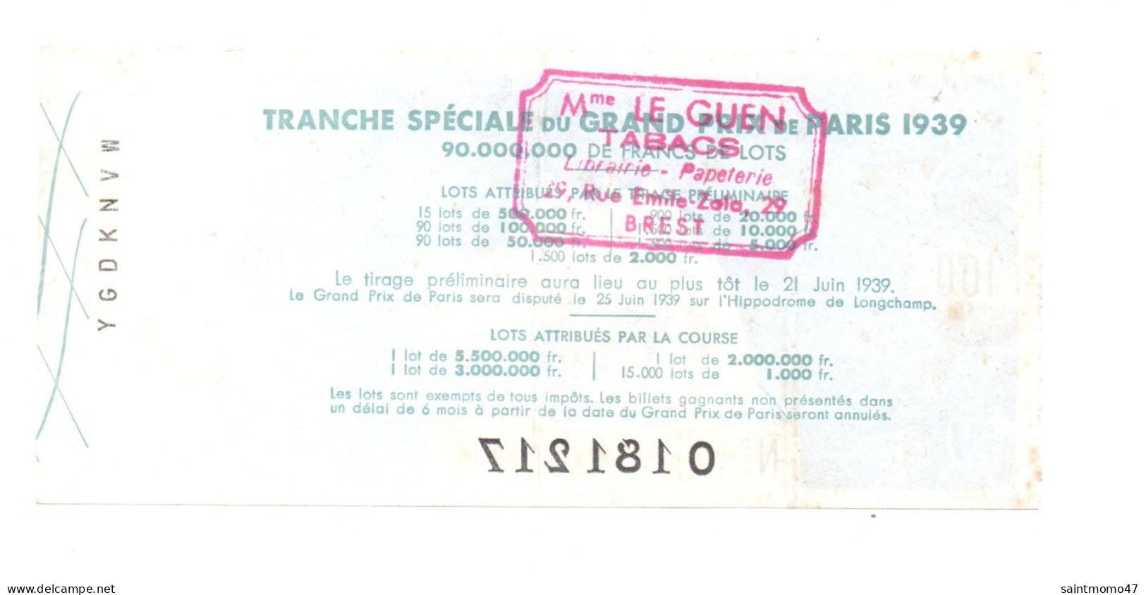 FRANCE . LOTERIE NATIONALE . " GRAND PRIX DE PARIS " . Mme LE GUEN TABAC BREST . 1939 - Ref. N°13021 - - Billets De Loterie