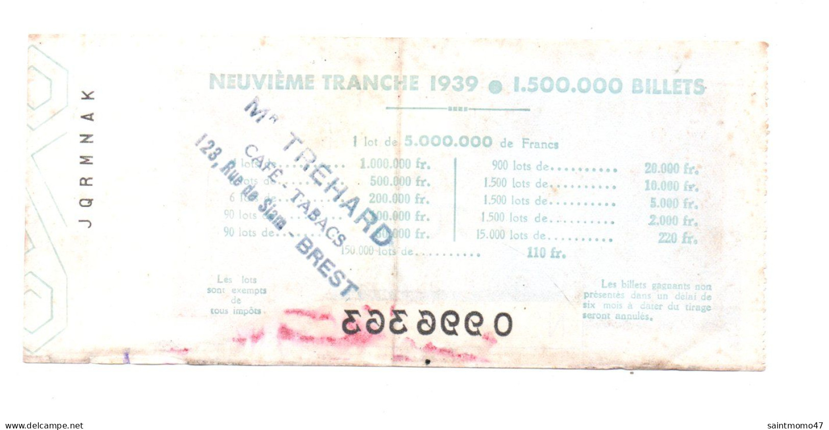 FRANCE . LOTERIE NATIONALE . " GRAND PRIX DE PARIS " . M. TRÉHART CAFÉ-TABACS BREST . 1939 - Ref. N°13023 - - Lottery Tickets