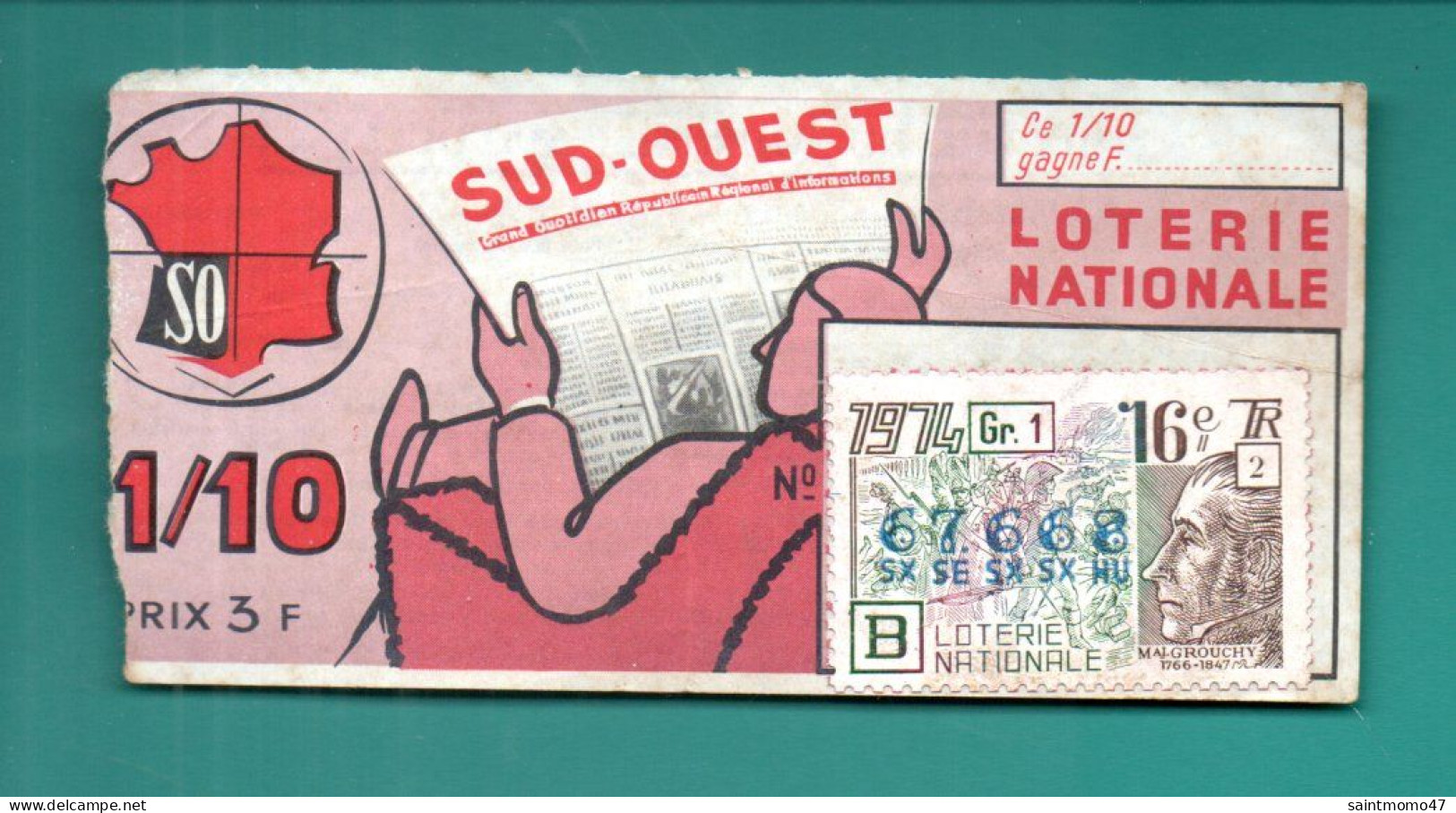 FRANCE . LOTERIE NATIONALE . " JOURNAL SUD-OUEST " . 1974 - Ref. N°13024 - - Billets De Loterie