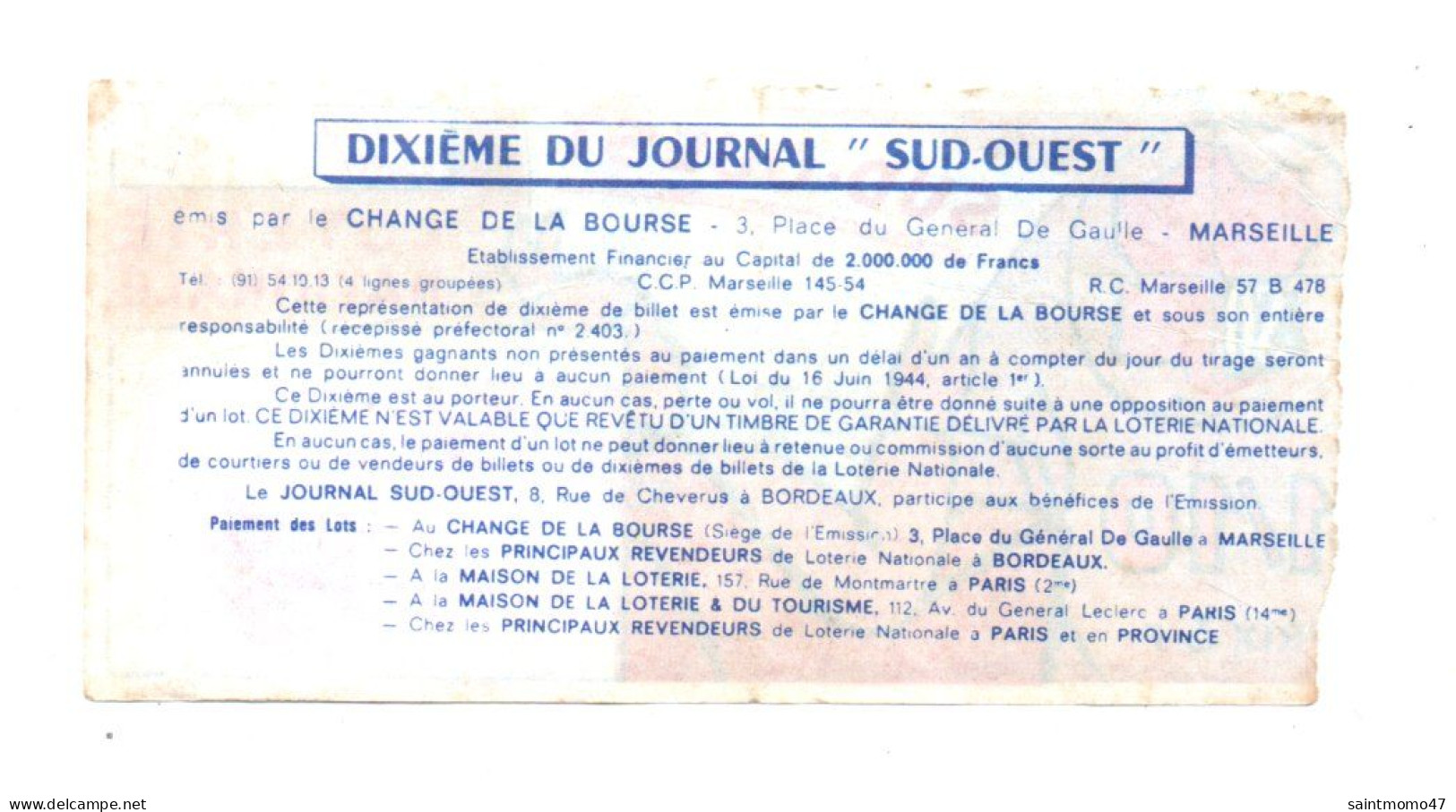 FRANCE . LOTERIE NATIONALE . " JOURNAL SUD-OUEST " . 1974 - Ref. N°13024 - - Billetes De Lotería