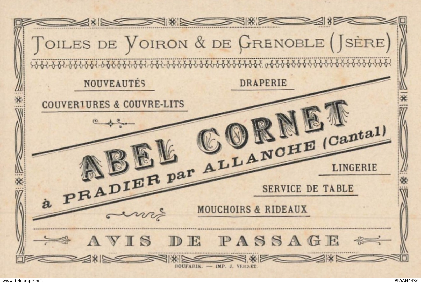 15 - PRADIER PAR ALLANCHE - DRAPERIE - LINGERIE  "Abel CORNET" -  CARTE COMMERCIALE ANCIENNE DECOREE (8x12cm) - Other & Unclassified