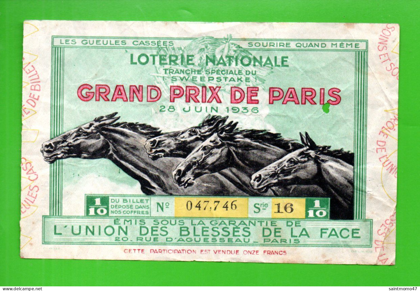 FRANCE . LOTERIE NATIONALE . " GRAND PRIX DE PARIS 1936 " - Ref. N°13027 - - Billets De Loterie