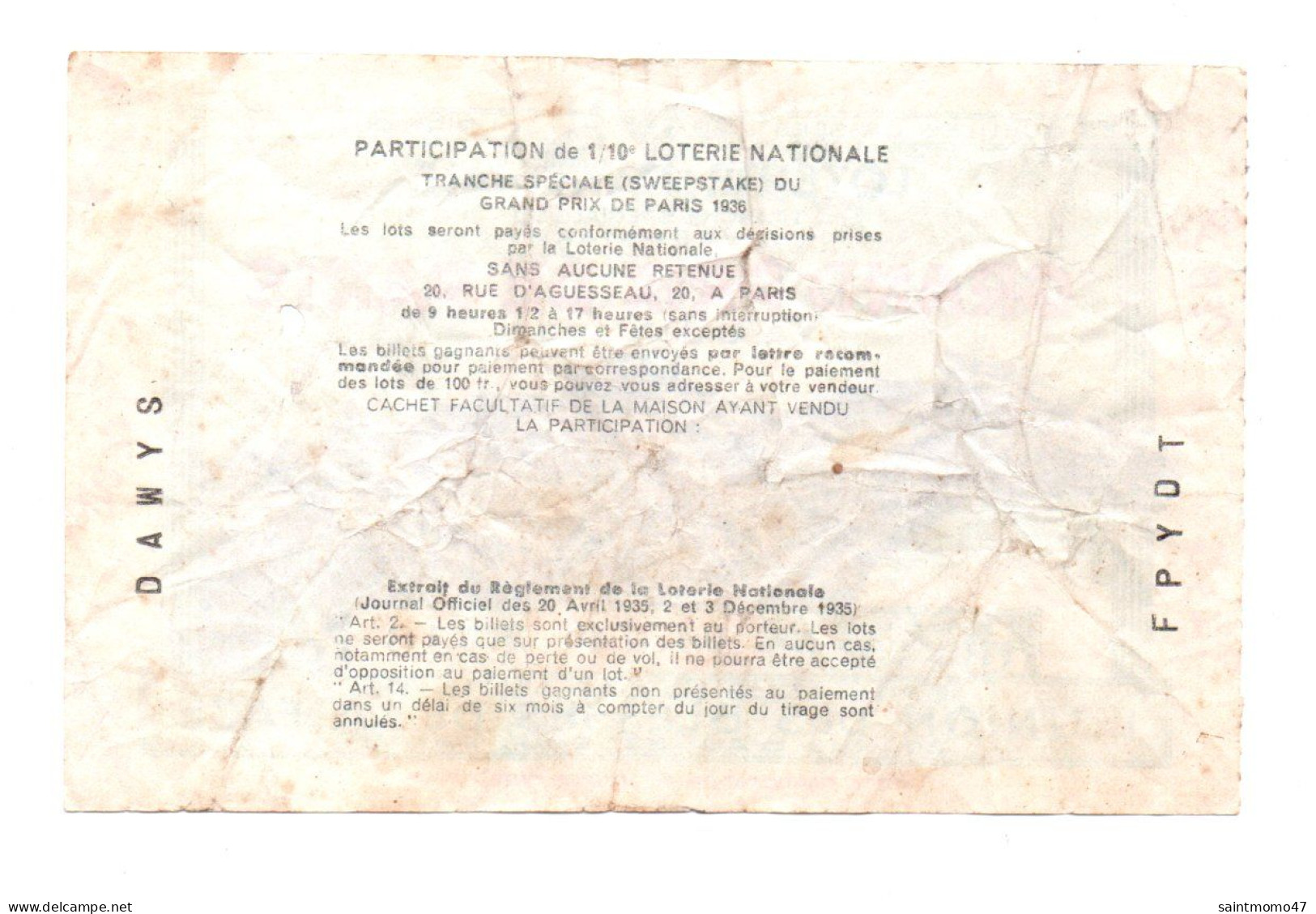 FRANCE . LOTERIE NATIONALE . " GRAND PRIX DE PARIS 1936 " - Ref. N°13027 - - Billets De Loterie