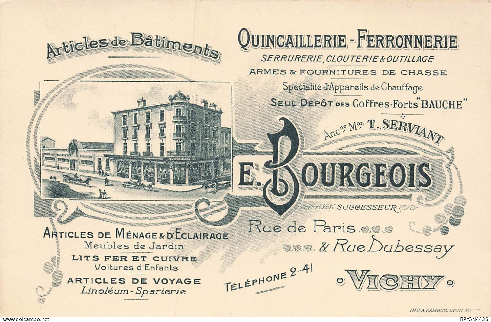 03 - VICHY - QUINQUAILLERIE-FERRONNERIE  "E. BOURGE " -  CARTE COMMERCIALE ANCIENNE ILLUSTREE, DECOREE (9x13,5cm) - Vichy