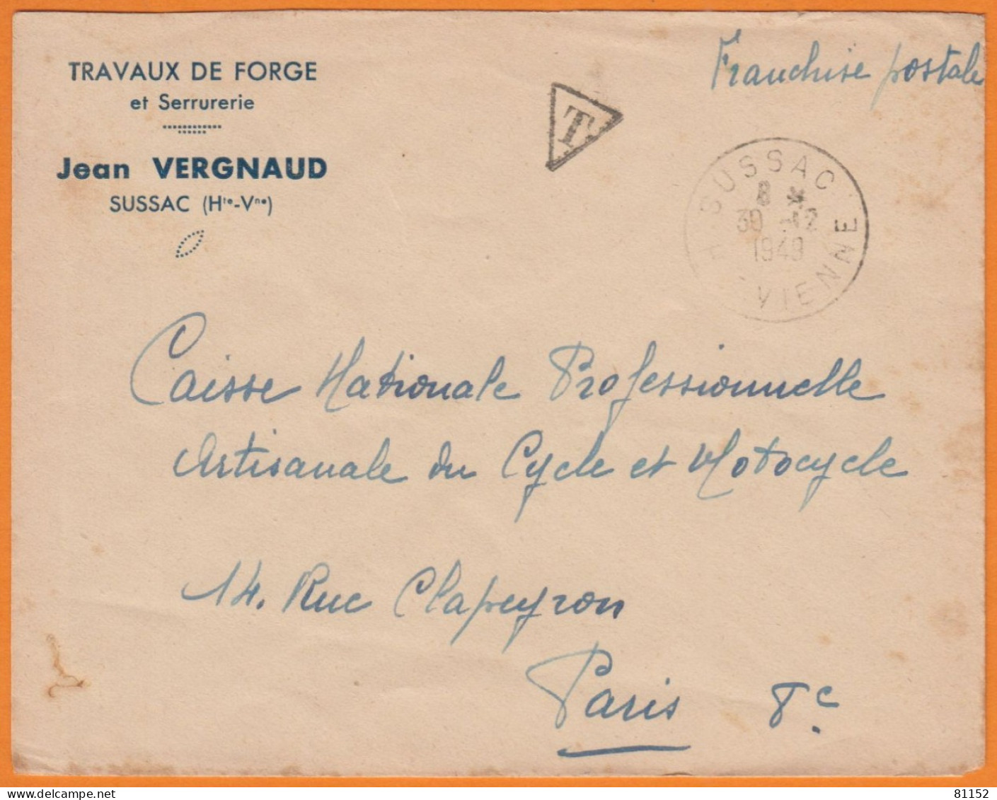 Lettre Pub De SUSSAC .87 Hte-Vienne " TRAVAUX DE FORGE Et Serrurerie " En F.P. Le 30 12 1949 - Cartas & Documentos