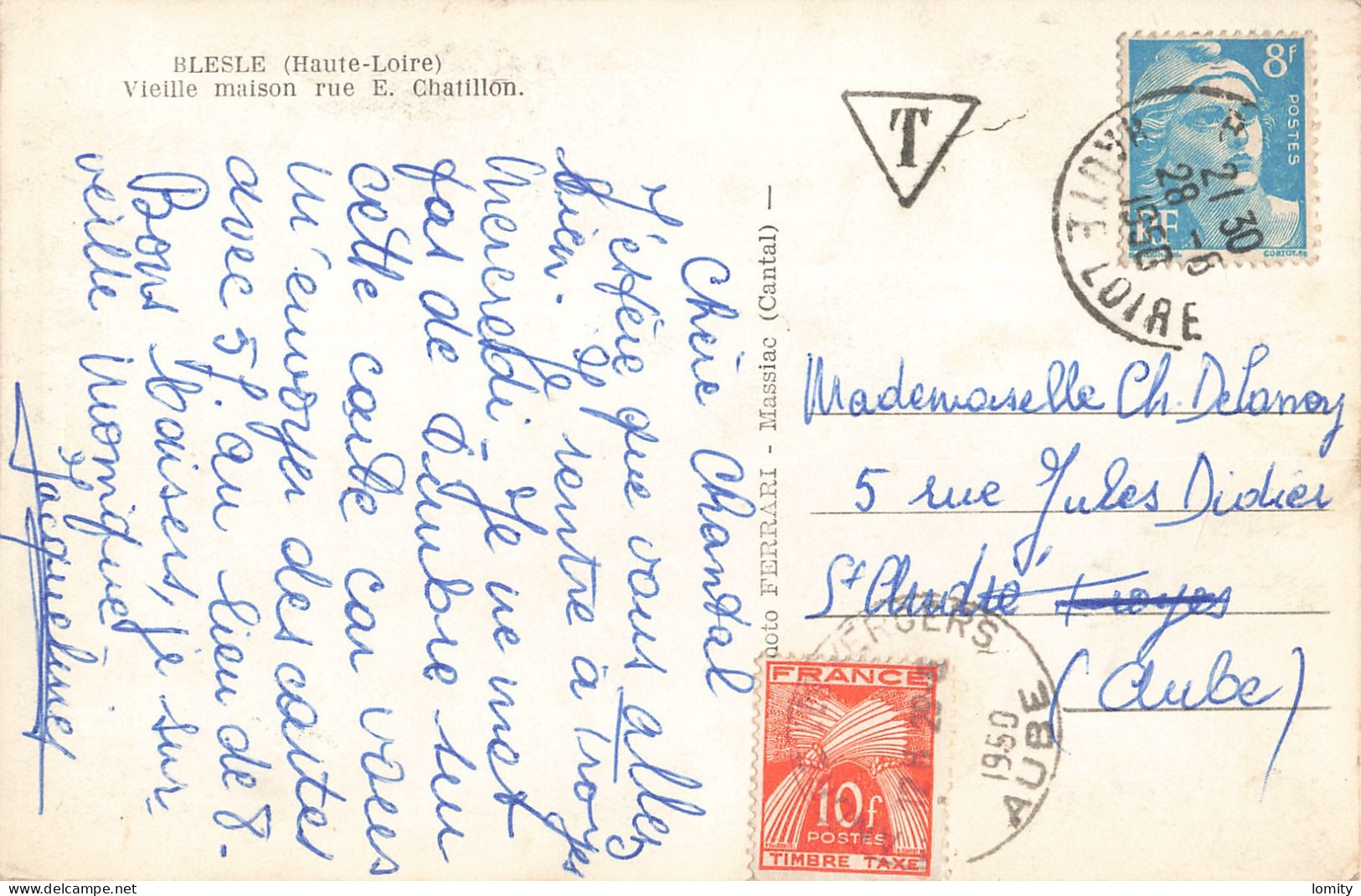 43 Blesle Vieille Maison Rue E. Chatillon CPA Carte Taxée Timbre Taxe Cachet 1950 - Blesle