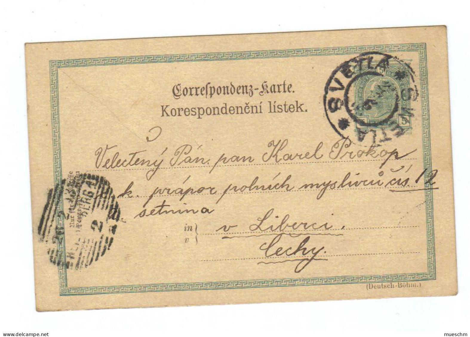 Österreich, 1893, Corresp.karte/ Korespondencni Listek Mit Rundstempel Svelta Und Strichstempel Reichenberg 1 (12327E) - Briefkaarten