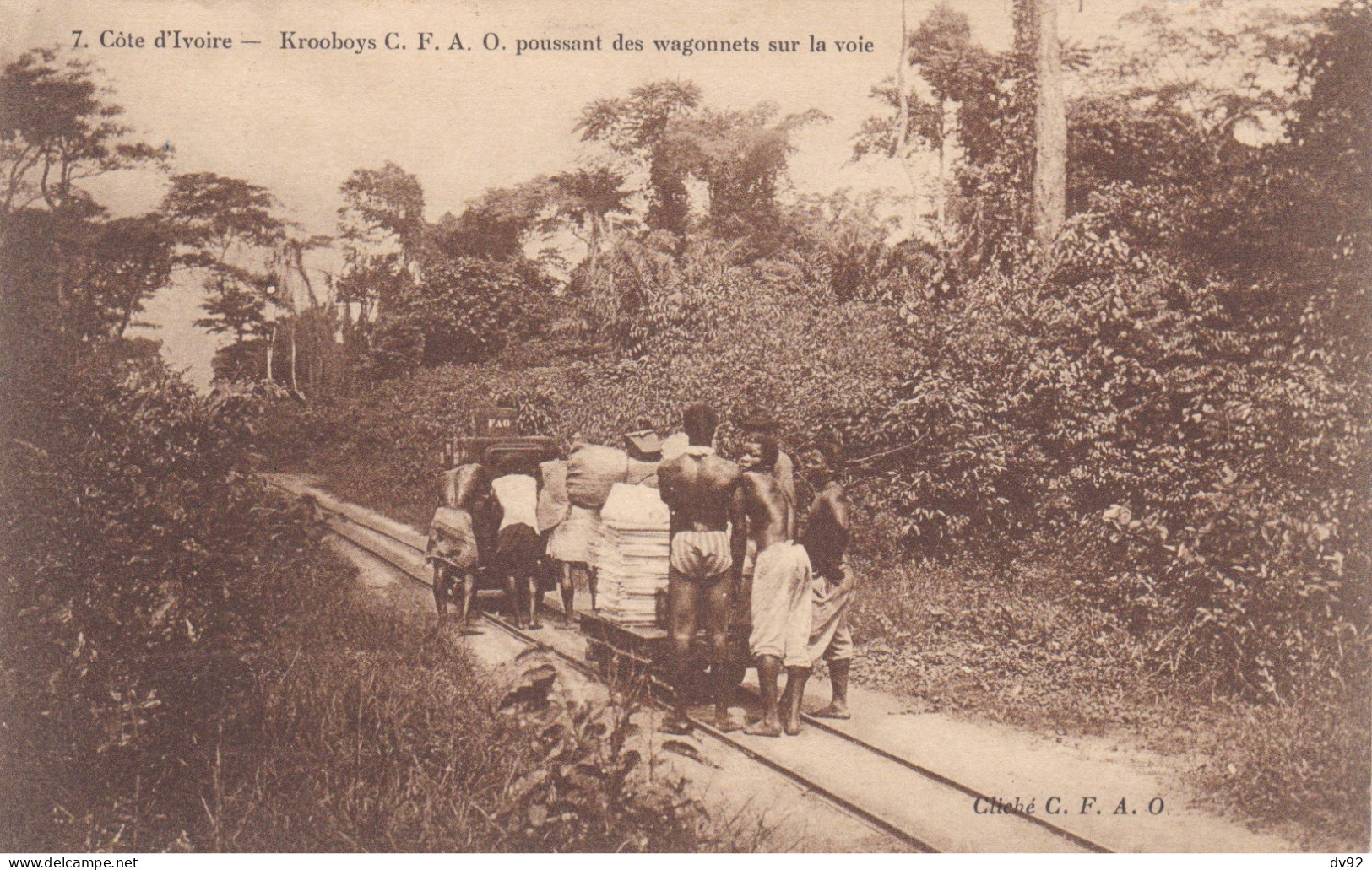 COTE D IVOIRE KROOBOYS C.F.A.O POUSSANT DES WAGONNETS SUR LA VOIE (Cf. CORRESPONDANCE) - Elfenbeinküste