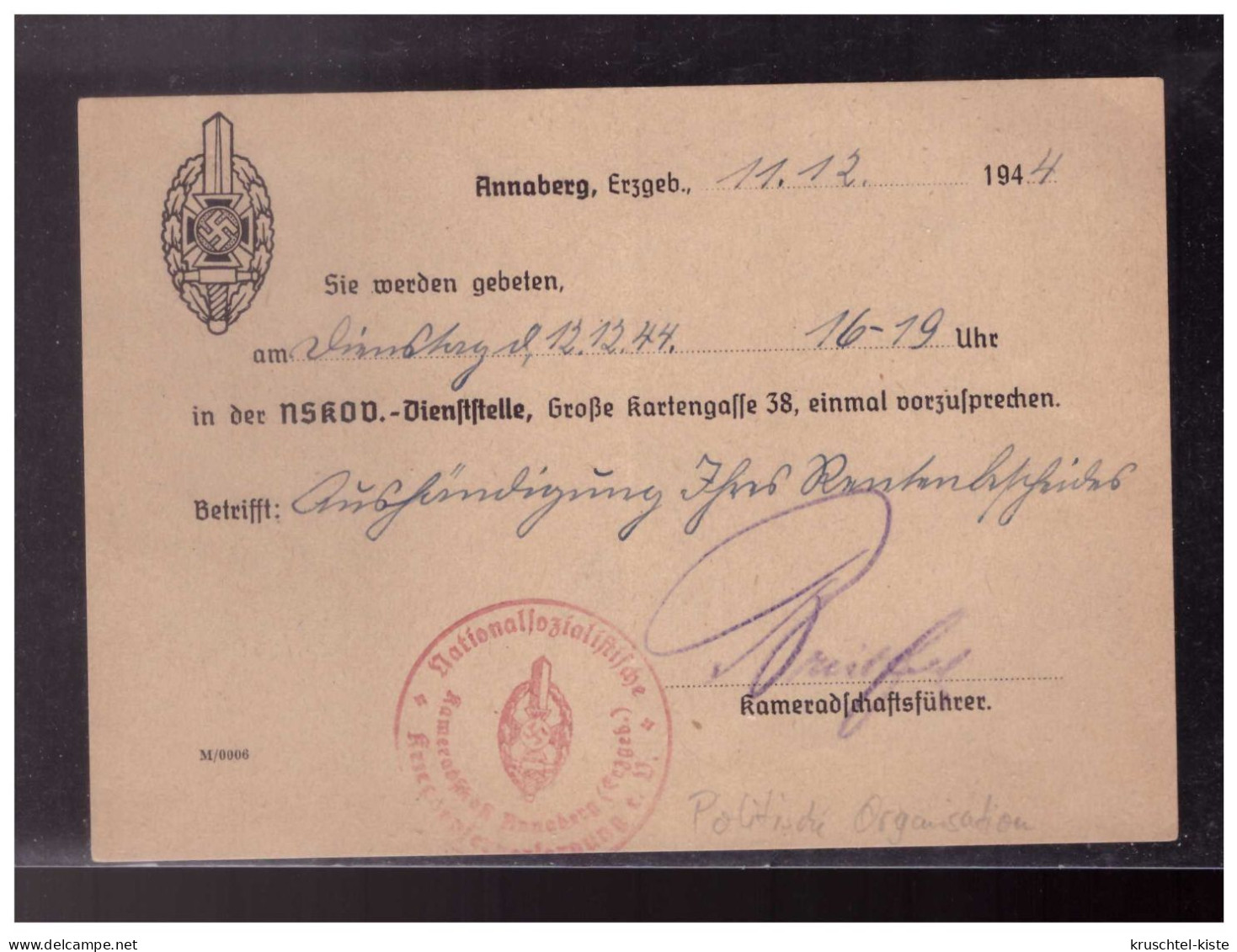 Dt- Reich (024171) Propaganda NSKOV - Dienststelle Annaberg (Nationalsozialistische Kriegsopferfürsorge) 11.12.1944 - Documents Historiques