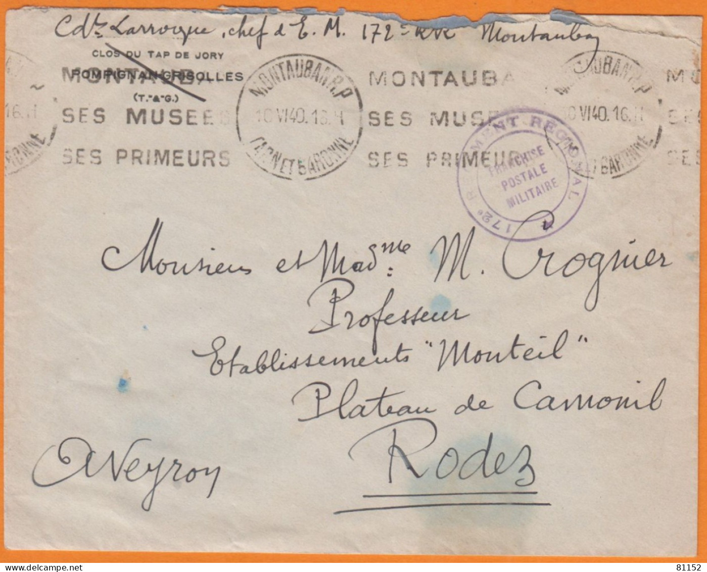 F.P. Militaire Sur Lettre Cachet " 178 Régiment Régional " 1940 De  POMPIGNAN-GRISOLLES  Pour RODEZ Postée à MONTAUBAN - WW II