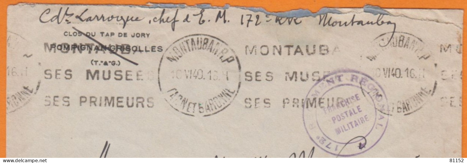 F.P. Militaire Sur Lettre Cachet " 178 Régiment Régional " 1940 De  POMPIGNAN-GRISOLLES  Pour RODEZ Postée à MONTAUBAN - 2. Weltkrieg 1939-1945