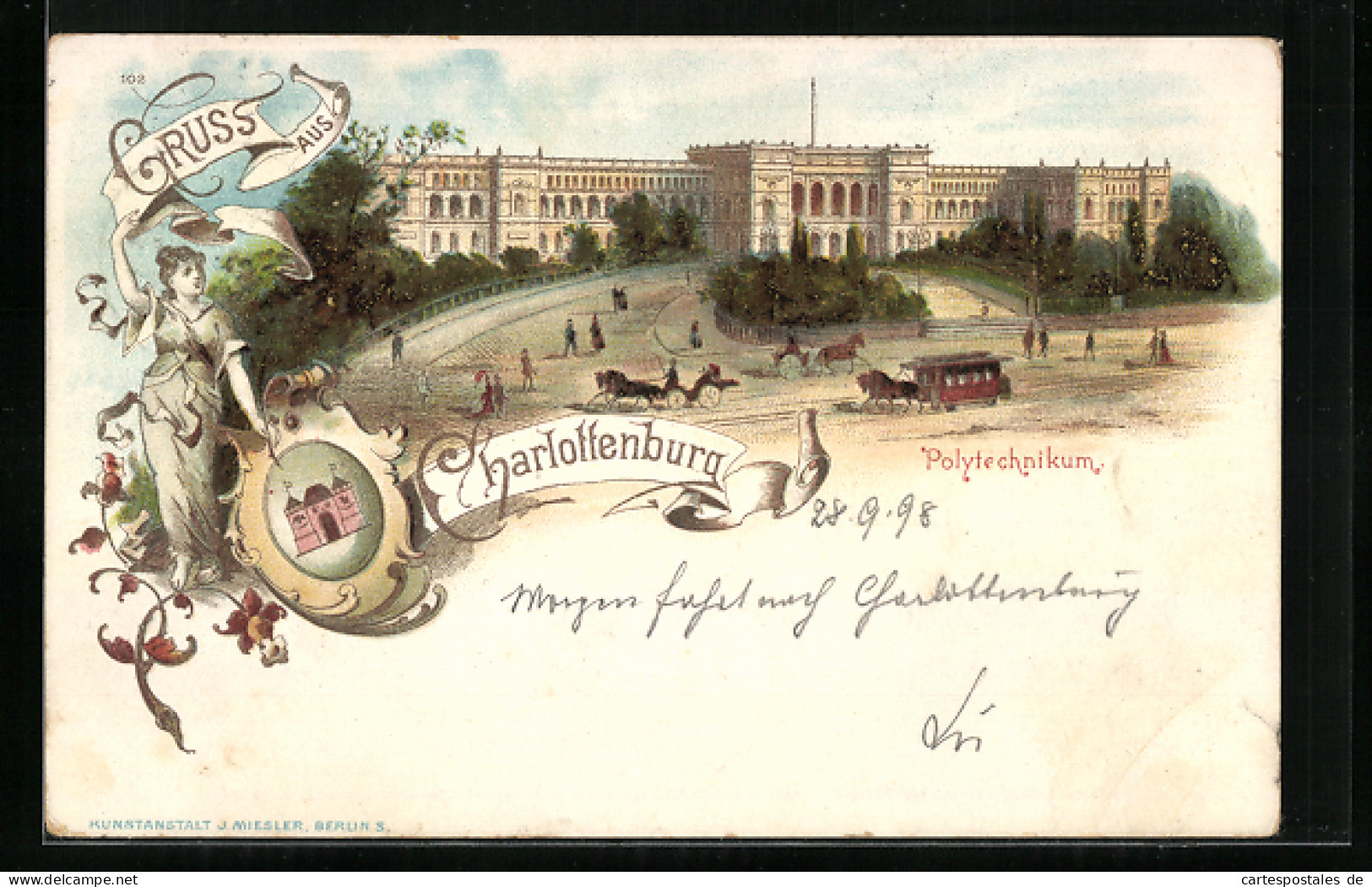 Lithographie Berlin-Charlottenburg, Polytechnikum Mit Pferdebahn Und Wappen  - Charlottenburg