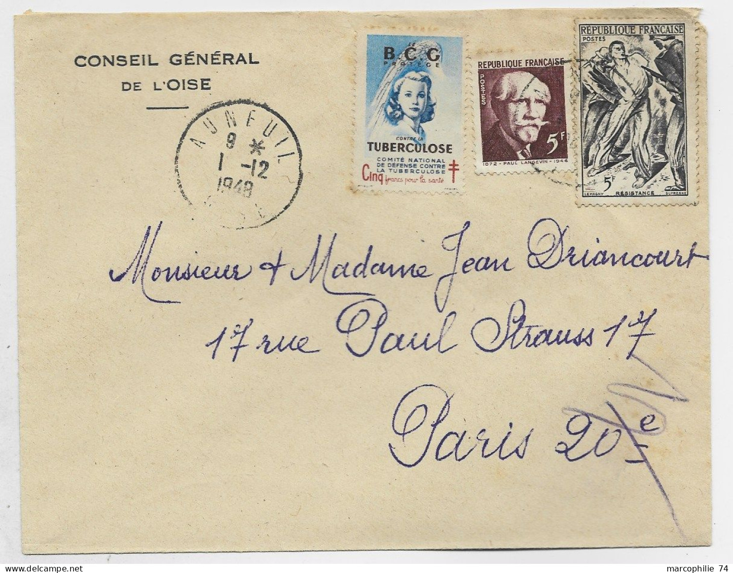 FRANCE 5FR RESISTANCE +5 FR LANGEVIN LETTRE  COVER + VIGNETTE BCG CONTRE TUBERCULOSE AUNEUIL OISE 1.12.1948 - 1921-1960: Période Moderne