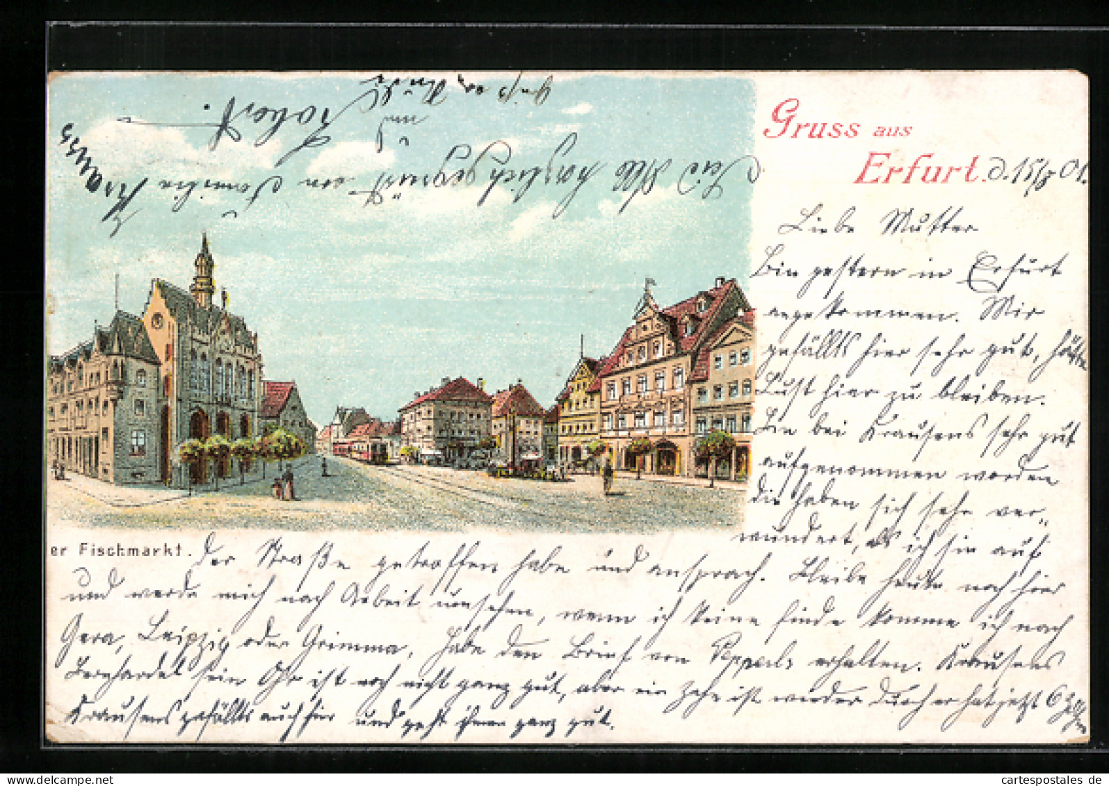 Lithographie Erfurt, Fischmarkt Mit Strassenbahn  - Erfurt