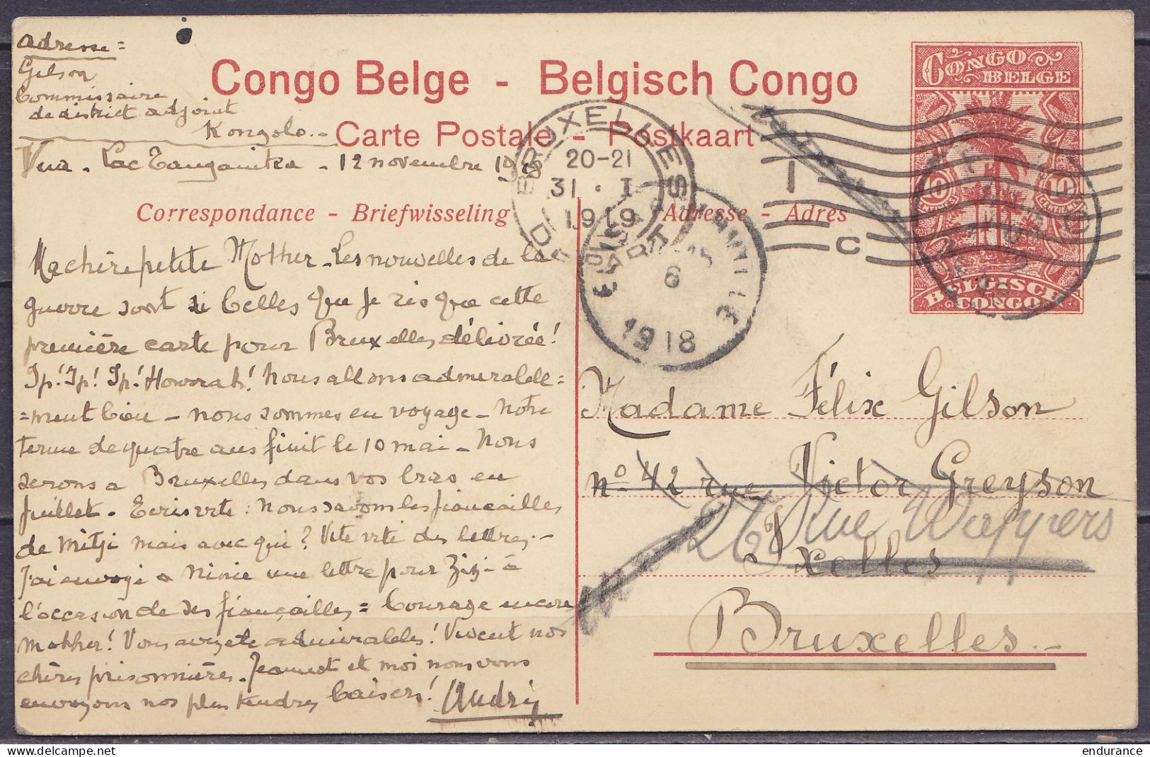 Congo Belge - Historique ! EP CP 10c Rouge-brun "Port De Léopoldville" Du Commissaire De District André Gilson Au Lac Ta - Entiers Postaux