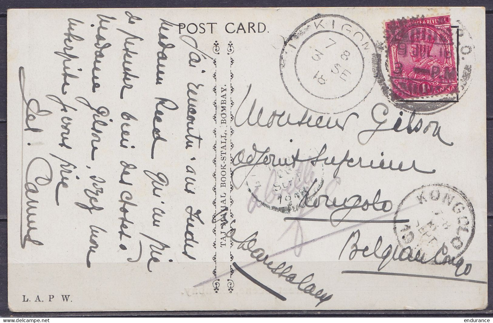 Inde - CP Affr. 1a Càpt BOMBAY C.P.O /9 JUL 1918 Pour Adjoint Supérieur André Gilson à KONGOLO Via Dar Es Salaam - Càd U - Lettres & Documents