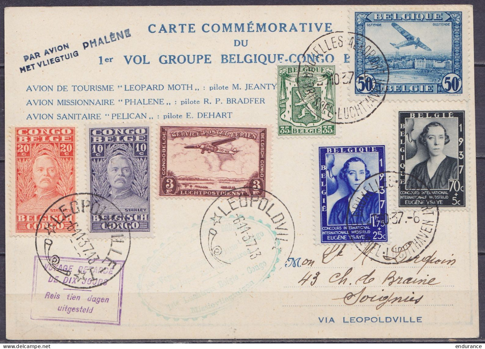 CP Commémorative "1e Vol Groupé Belgique-Congo Belge" Affr. PA1+N°425+456/57 Càd BRUXELLES-AEROPORT /22-10-1937 Pour LEO - Briefe U. Dokumente