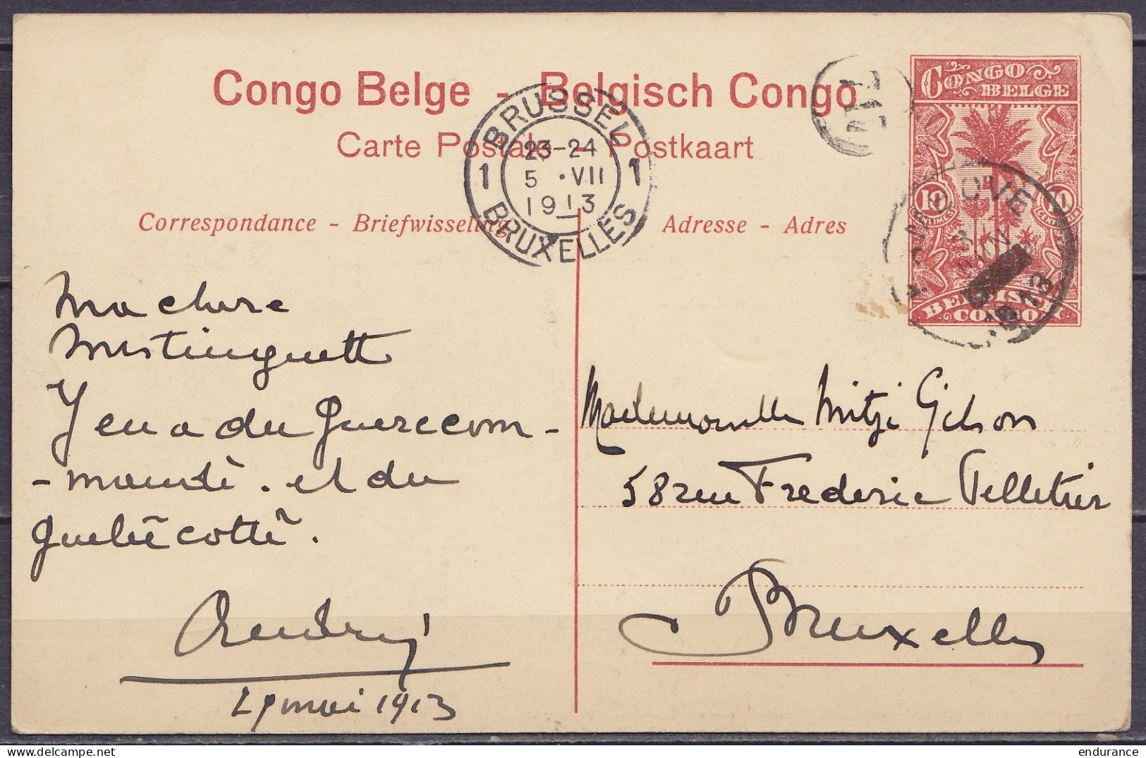 Congo Belge - EP CP 10c Rouge-brun "BASOKO Station De L'Etat" Càd KAMBOVE /3 JUIN 1913 D'André Gilson Commissaire De Dis - Entiers Postaux