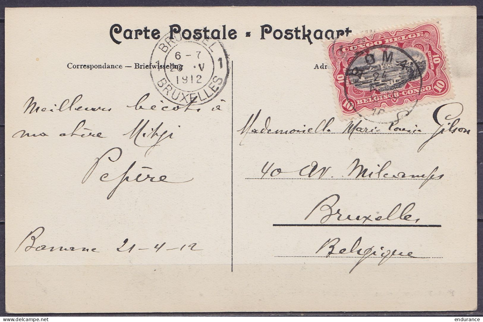 Congo Belge - CP "S.S. Bruxellesville Compagnie Belge Maritime Du Congo" De Banana Affr. N°55 Càd BOMA /24 AVRIL 1912 Po - Lettres & Documents