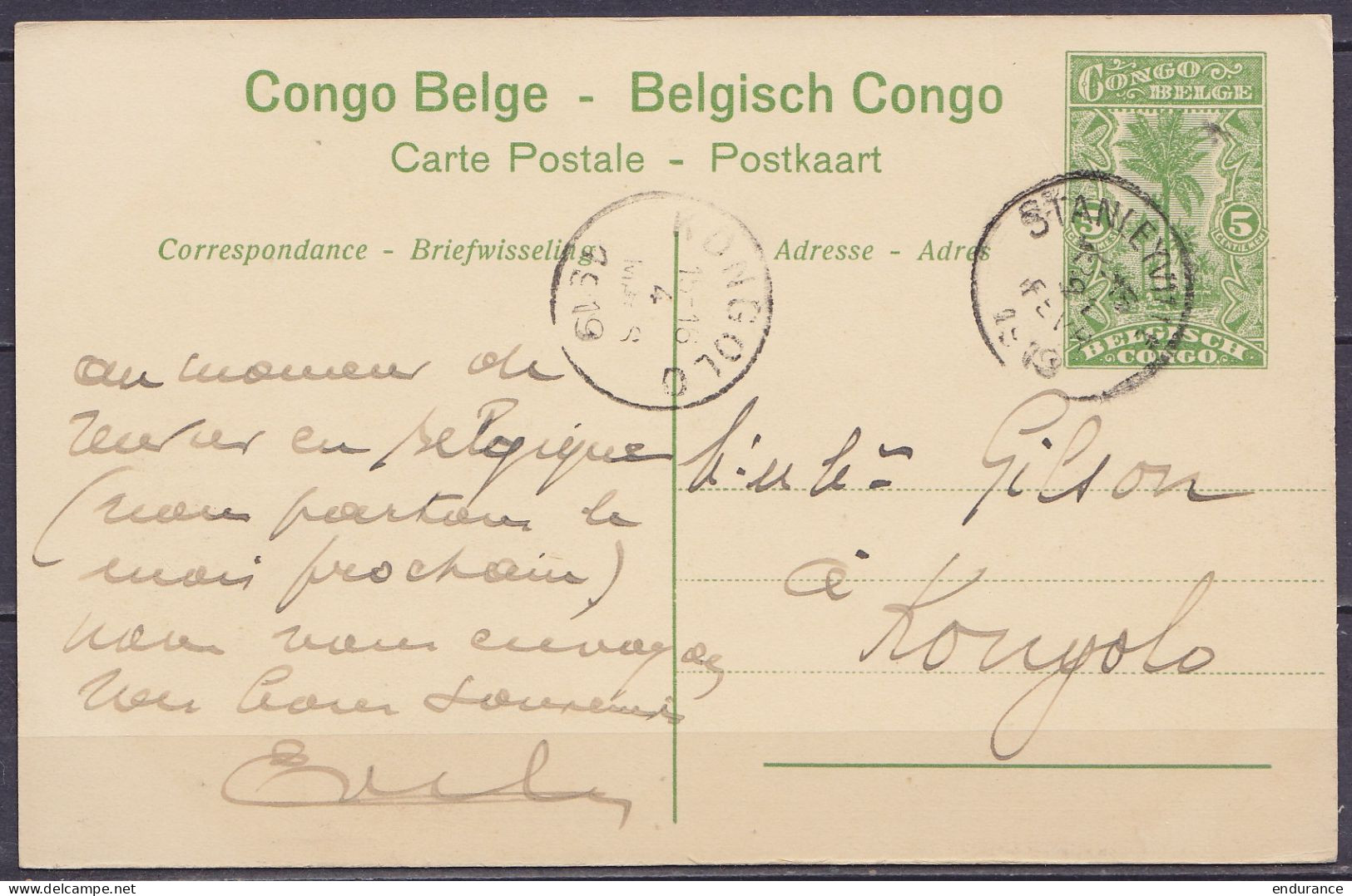 Congo Belge - EP CP 5c Vert Càd STANLEYVILLE /21 FEVR 1919 Pour Administrateur Territorial André Gislon à KONGOLO - Càd  - Postwaardestukken