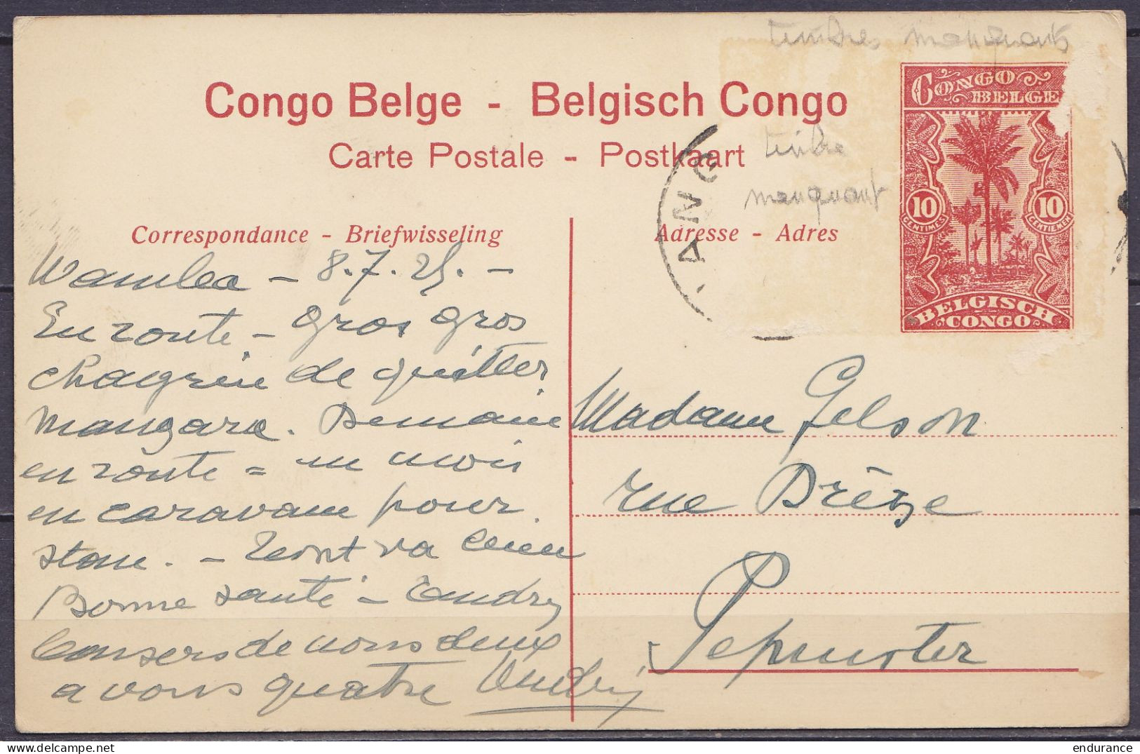 Congo Belge - EP CP 10c Rouge-brun "Gare Du Mayumba" (timbres Manquants) De Wamblea ? 1925 Pour PEPINSTER - Stamped Stationery