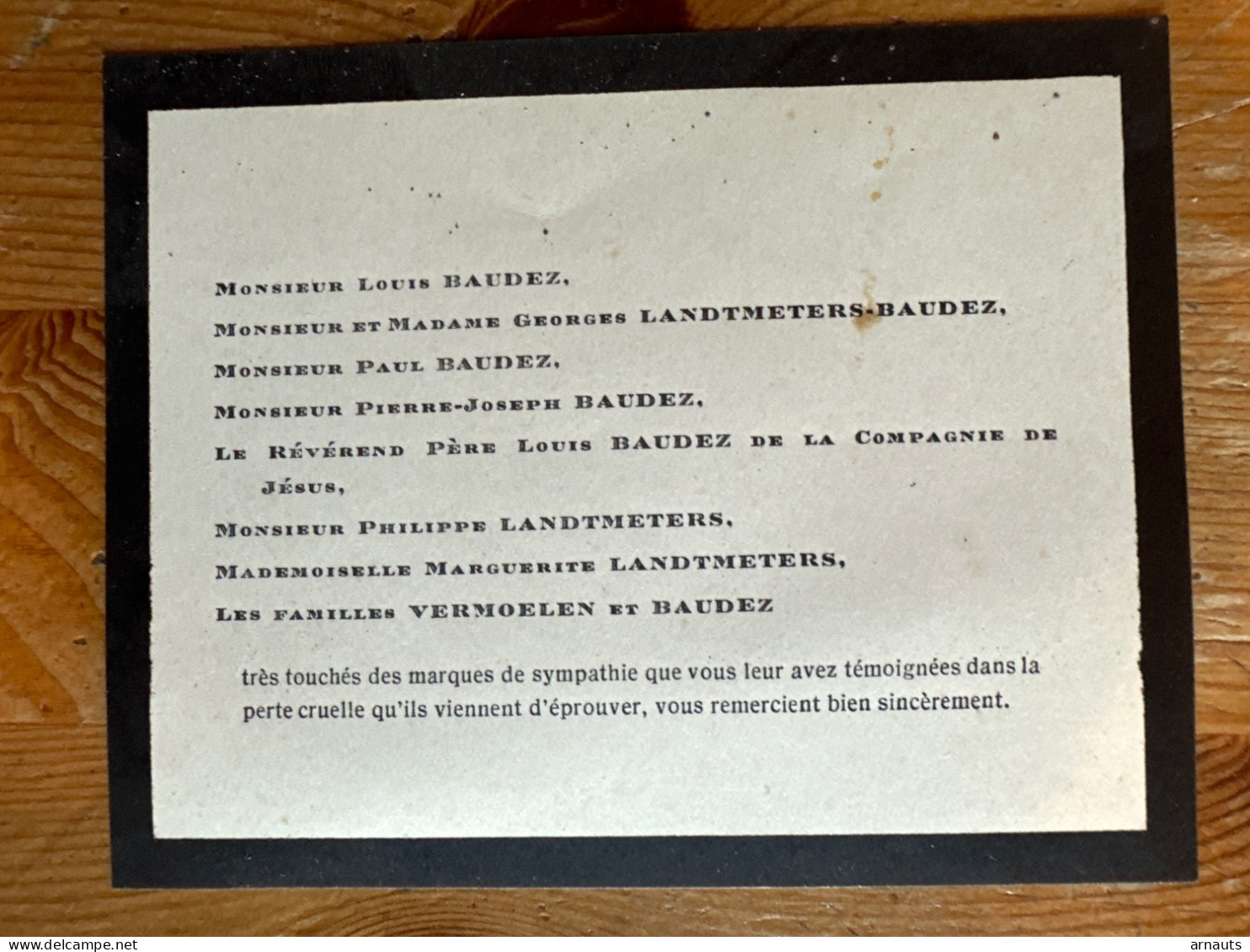 Carte Remercient Madame  Baudez Nee Marguérite Vermoelen *1874 Zandhoven +1945 Deurle Anvers Et Son Mari +1946 Berchem - Décès