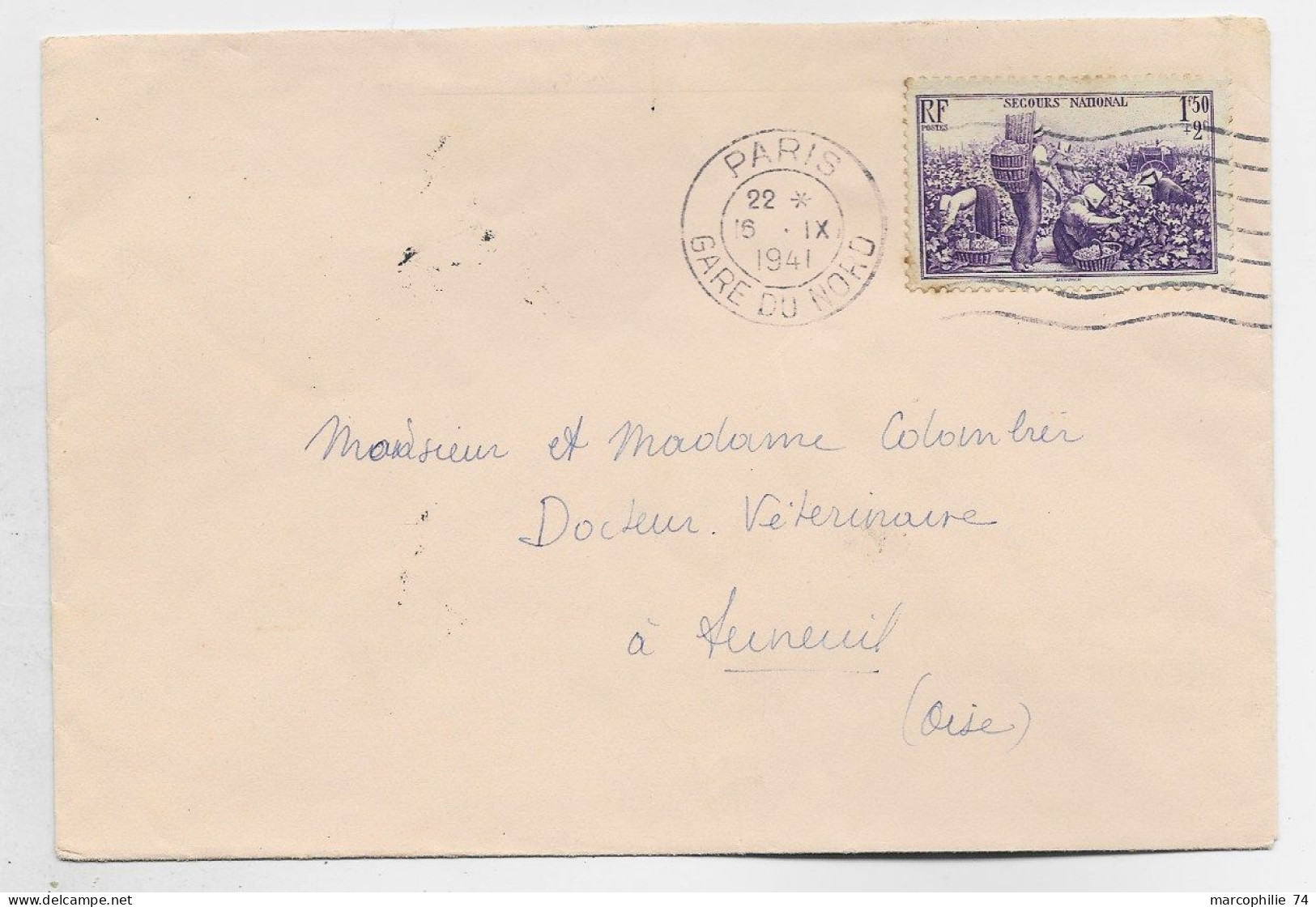 FRANCE SURTAXE 1FR50 SECOURS NATIONAL VENDANGES SEUL LETTRE COVER MEC PARIS GARE DU NORD 6.IX.1941 - 1921-1960: Période Moderne