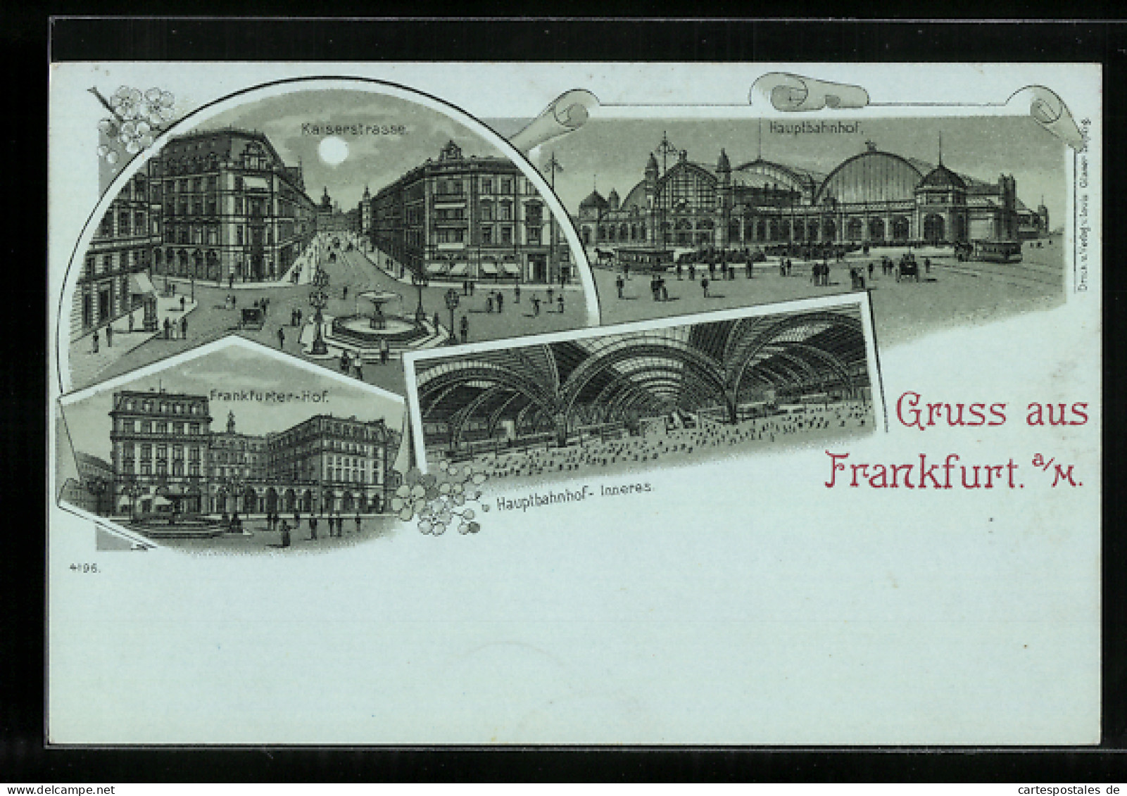 Lithographie Frankfurt A. M., Kaiserstrasse, Hauptbahnhof Und Hotel Frankfurter Hof  - Frankfurt A. Main