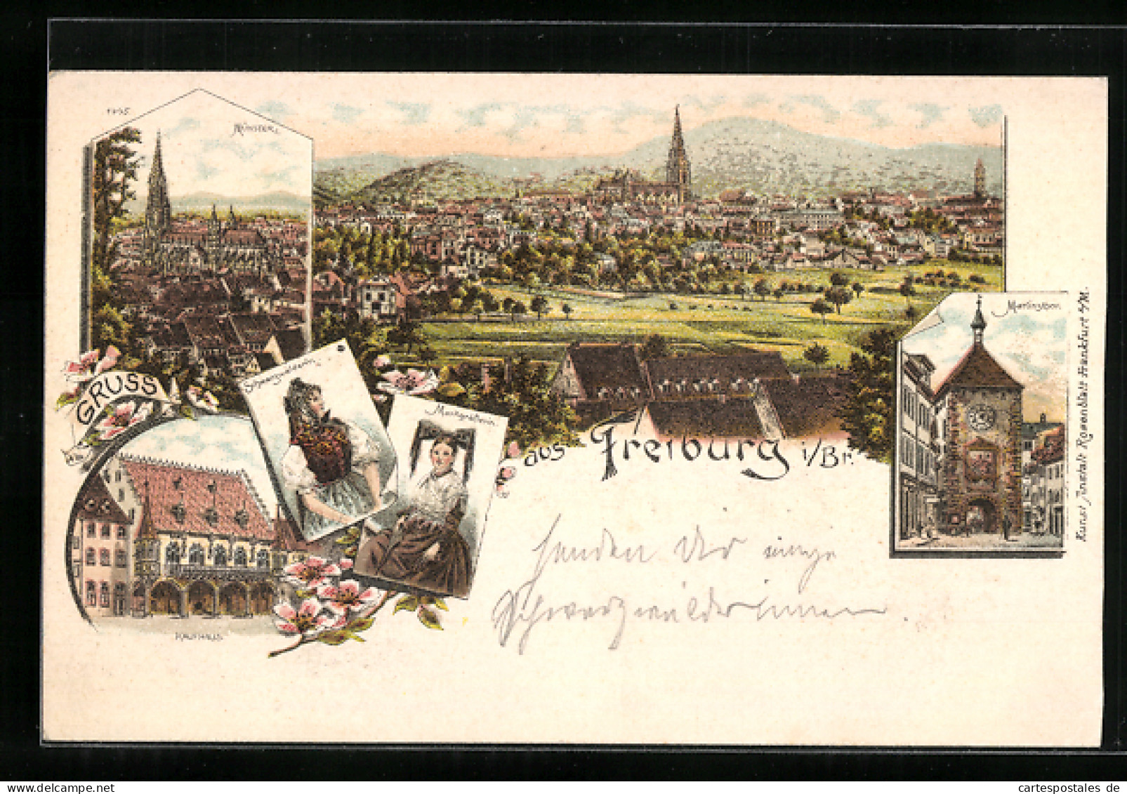 Lithographie Freiburg I. Br., Gesamtansicht, Münster, Schwarzwälderin, Markgräflerin, Kaufhaus  - Freiburg I. Br.