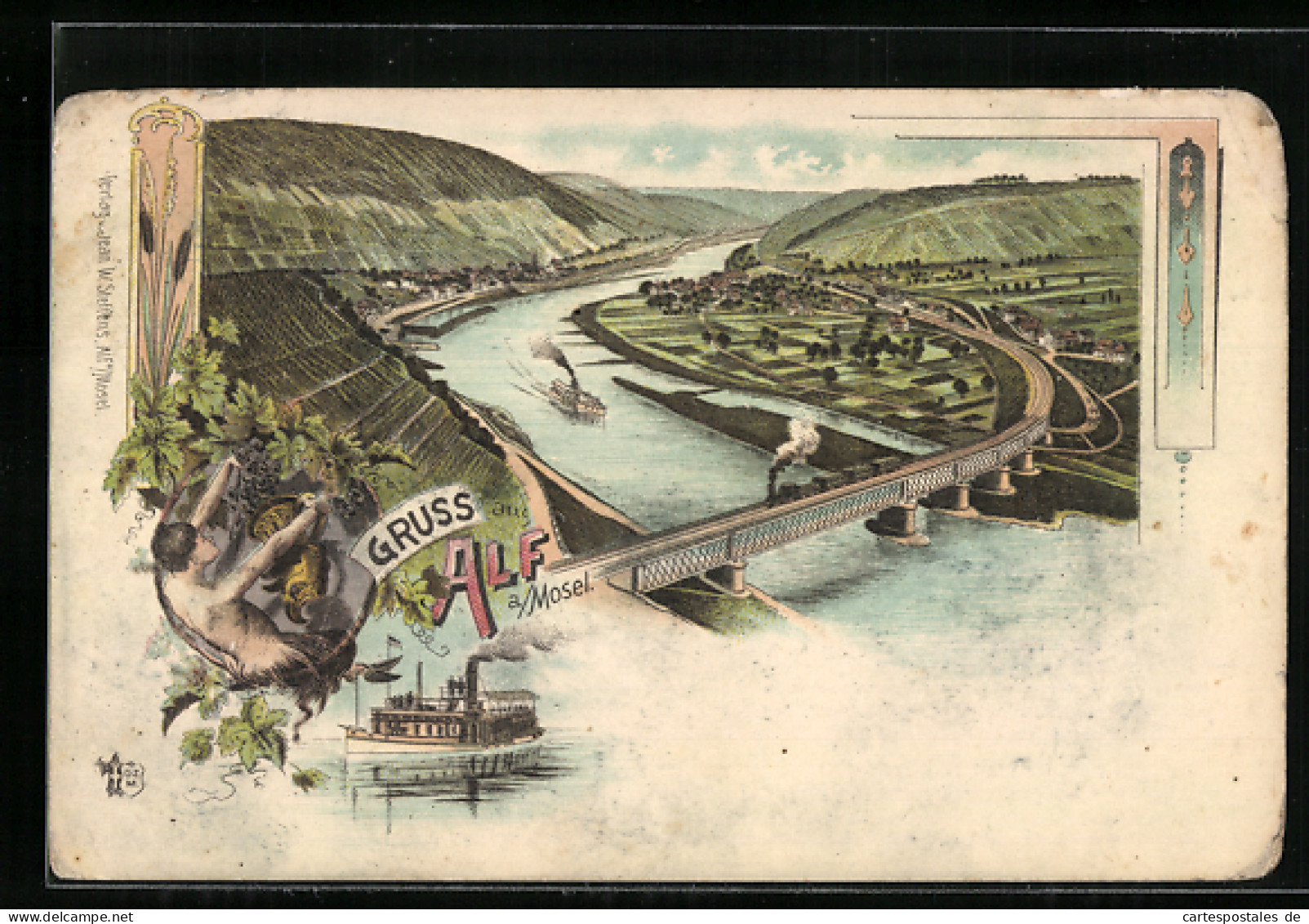 Lithographie Alf /Mosel, Dampfer Und Brücke Beim Ort, Gesamtansicht  - Autres & Non Classés