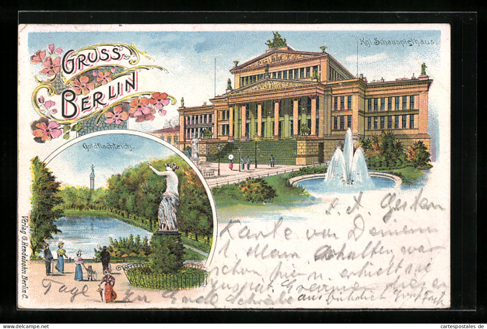 Lithographie Berlin, Kgl Schauspeilhaus Am Gendarmenmarkt, Goldfischteich Mit Denkmal  - Mitte