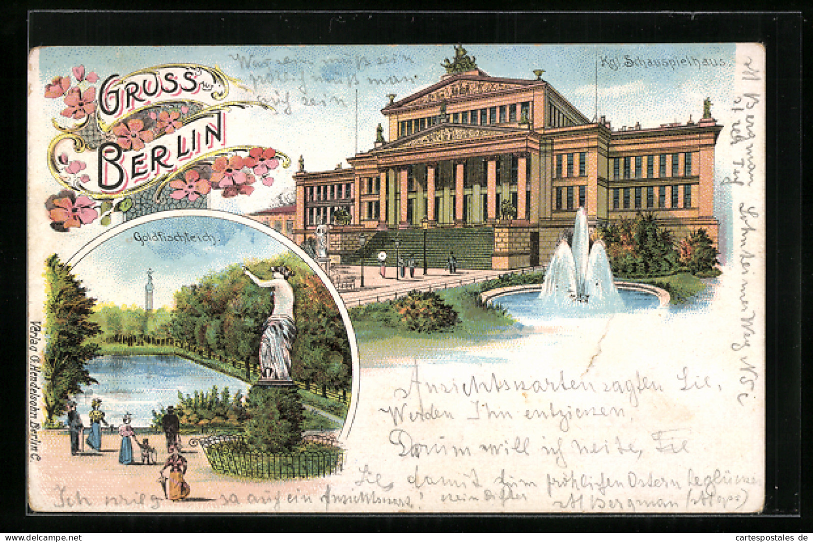 Lithographie Berlin, Kgl Schauspeilhaus Am Gendarmenmarkt, Goldfischteich Mit Denkmal  - Mitte