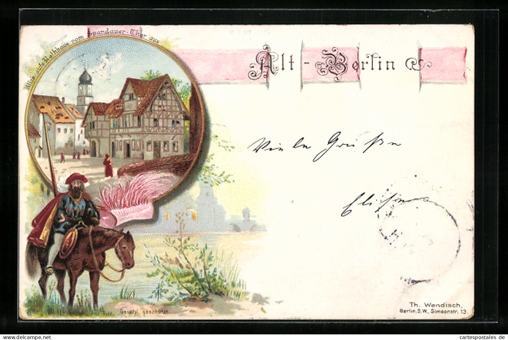 Lithographie Berlin-Treptow, Gewerbeausstellung 1896, Knappe Auf Pferd, Rathaus  - Expositions