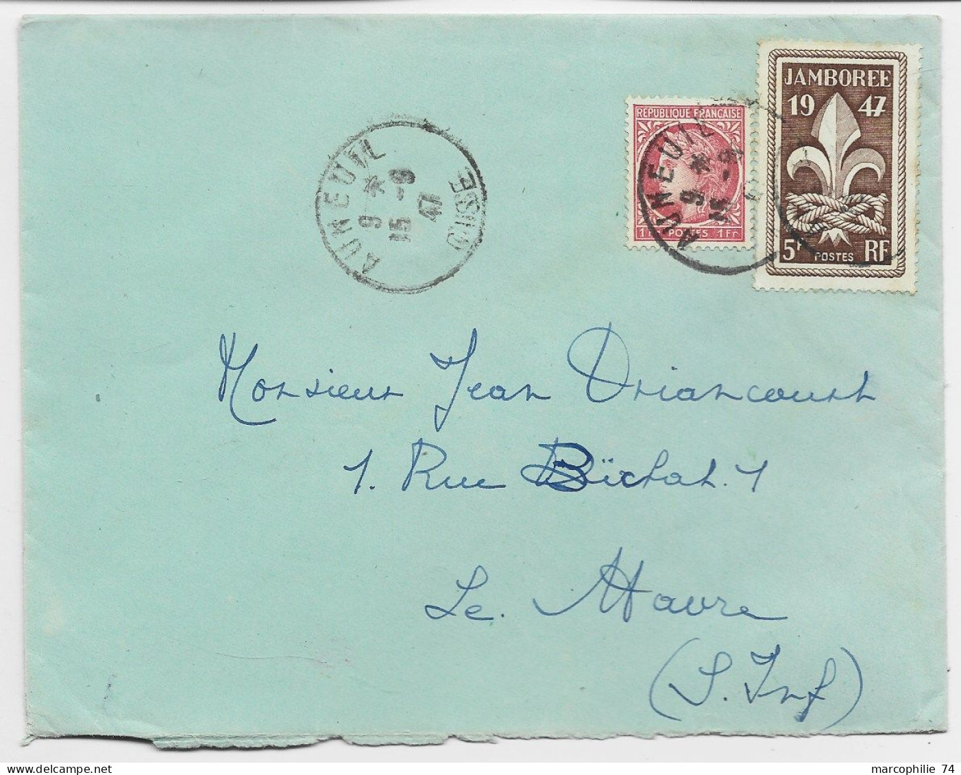 FRANCE JAMBOREE 5FR+1FR MAZELIN LETTRE COVER AUNEUIL OISE 15.9.1947 AU TARIF - 1921-1960: Modern Period