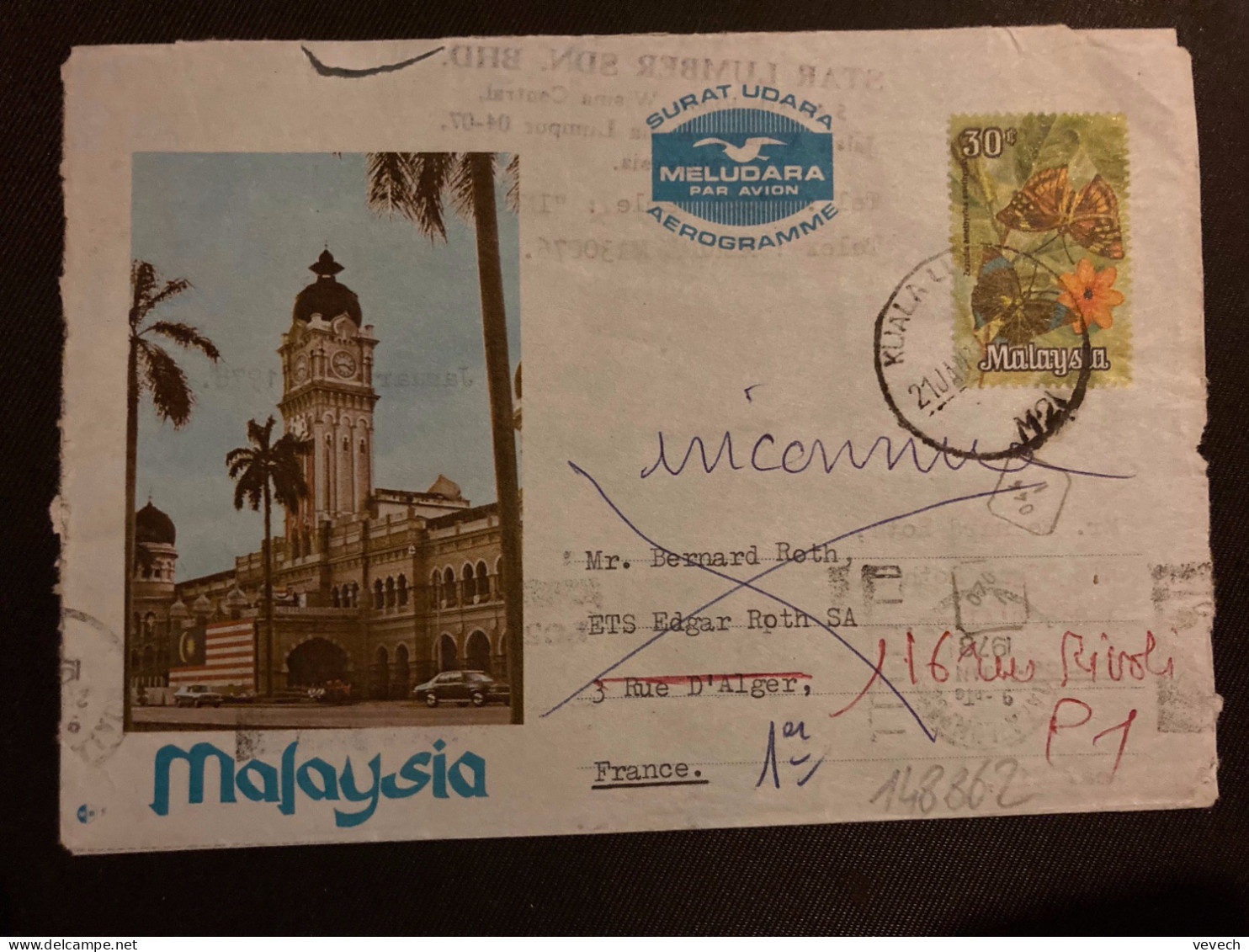 AEROGRAMME Pour La FRANCE PAPILLONS 30c OBL.21 JAN 78 KUALA LUMPUR+ REEXPEDITION + CACHETS DE FACTEUR - Malaysia (1964-...)