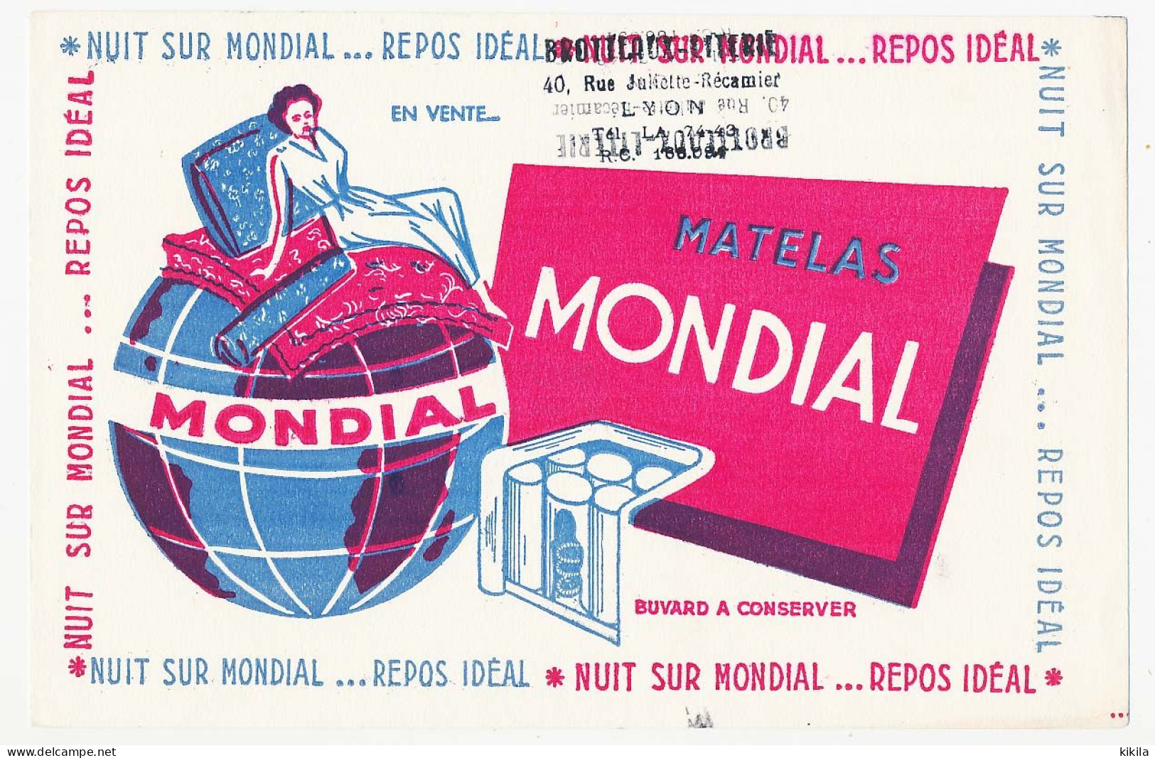 Buvard 20.5 X 13.6 Matelas MONDIAL Femme Globe Terrestre Cachet De Brotteaux-literie à Lyon Rhône (sur Le Verso Aussi) - Andere & Zonder Classificatie