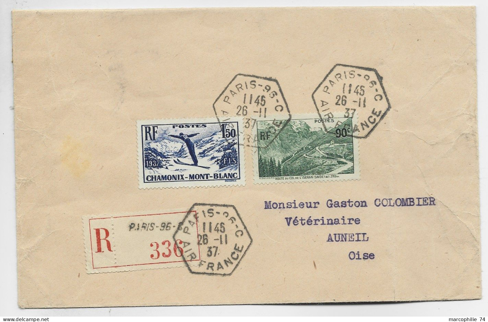 FRANCE  CHAMONIX 1FR50+ 90C ISERAN LETTRE REC C. HEX PARIS 96 C 26.11.37 AIR FRANCE - 1921-1960: Modern Tijdperk