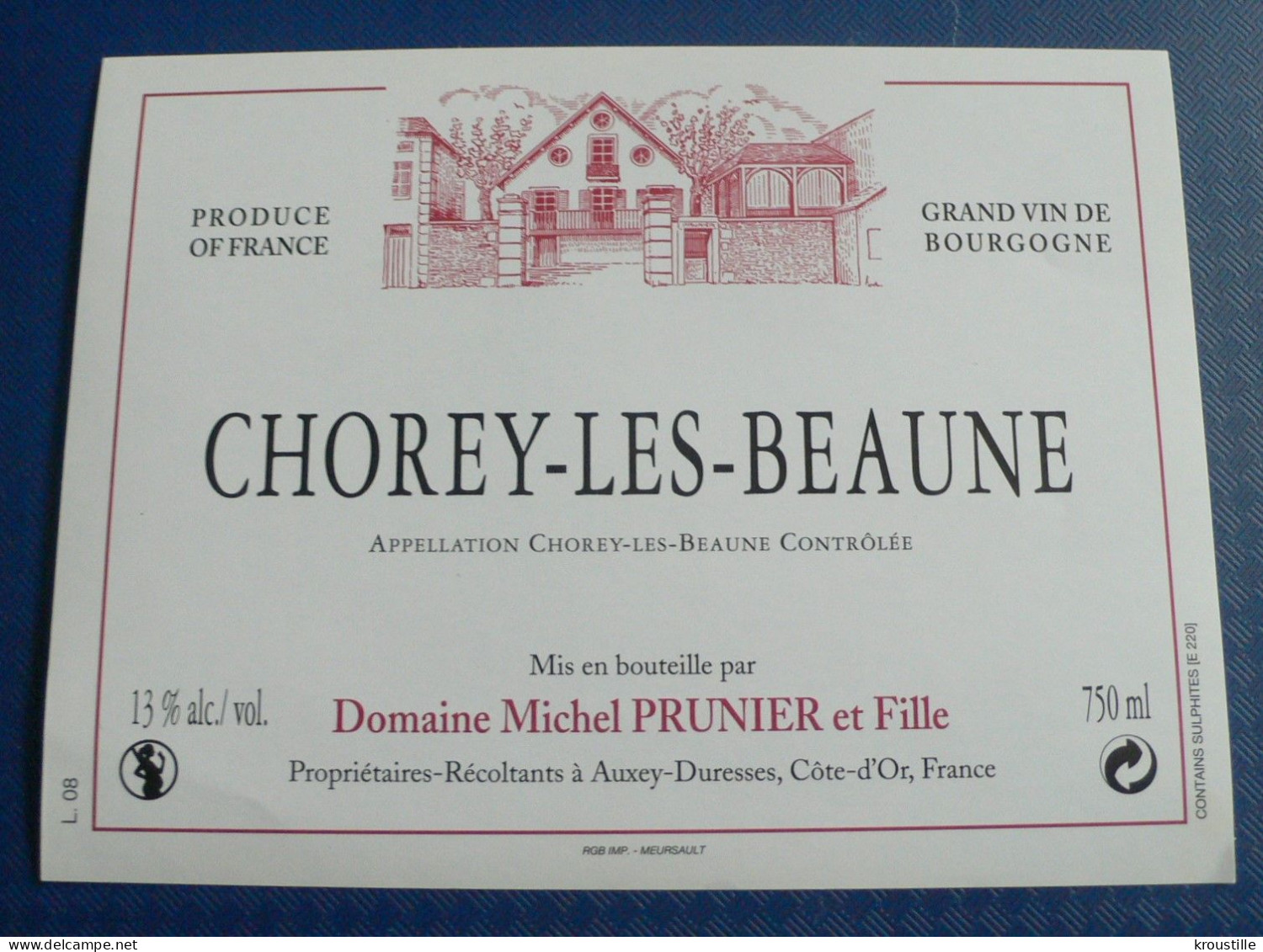 CHOREY-LES-BEAUNE - DOMAINE MICHEL PRUNIER - ETIQUETTE BOURGOGNE NEUVE - Bourgogne