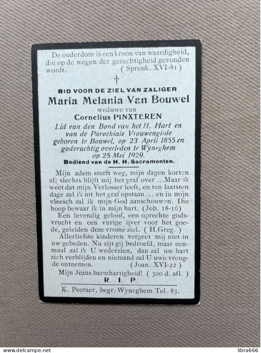 VAN BOUWEL Maria Melania °BOUWEL 1855 +WIJNEGEM 1929 - PINXTEREN - Décès