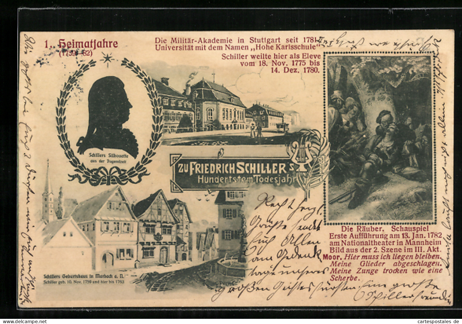 AK Zum 100. Todestag Schillers Am 9. Mai 1905, Geburtshaus Und Szene Aus Die Räuber  - Ecrivains