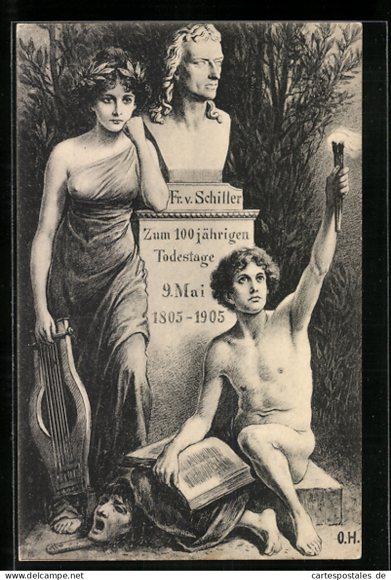 AK Friedrich Schiller, 100jähriger Todestag 1905, Büste Mit Allegorischen Figuren  - Schrijvers