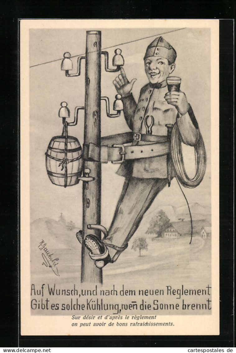 AK Soldat Der Schweizer Armee Geniesst Ein Bier Auf Einem Telegraphenmast  - Other & Unclassified