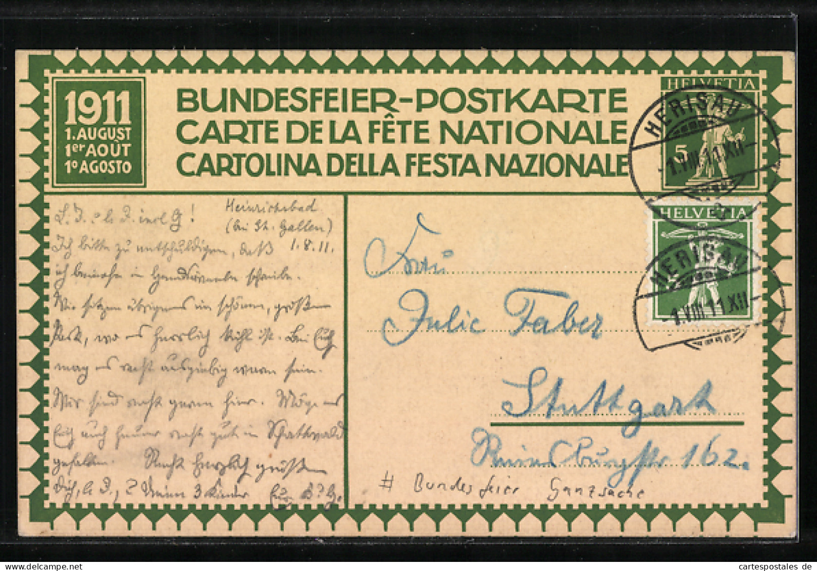 Künstler-AK Schweizer Bundesfeier 1911, Szene Aus Einer Schlacht, Ganzsache  - Entiers Postaux