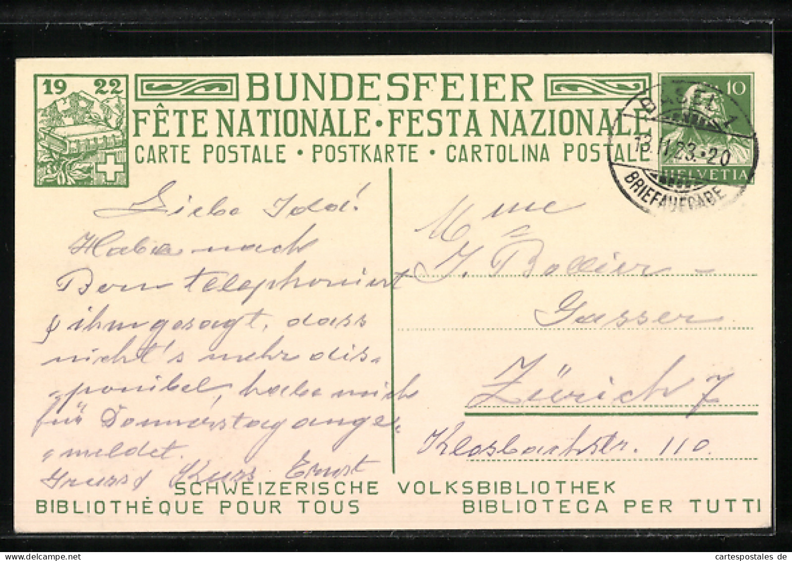 Künstler-AK Schweizer Bundesfeier 1922, Mann Liest Einem Buben Aus Dem Buch Vor, Ganzsache  - Stamped Stationery