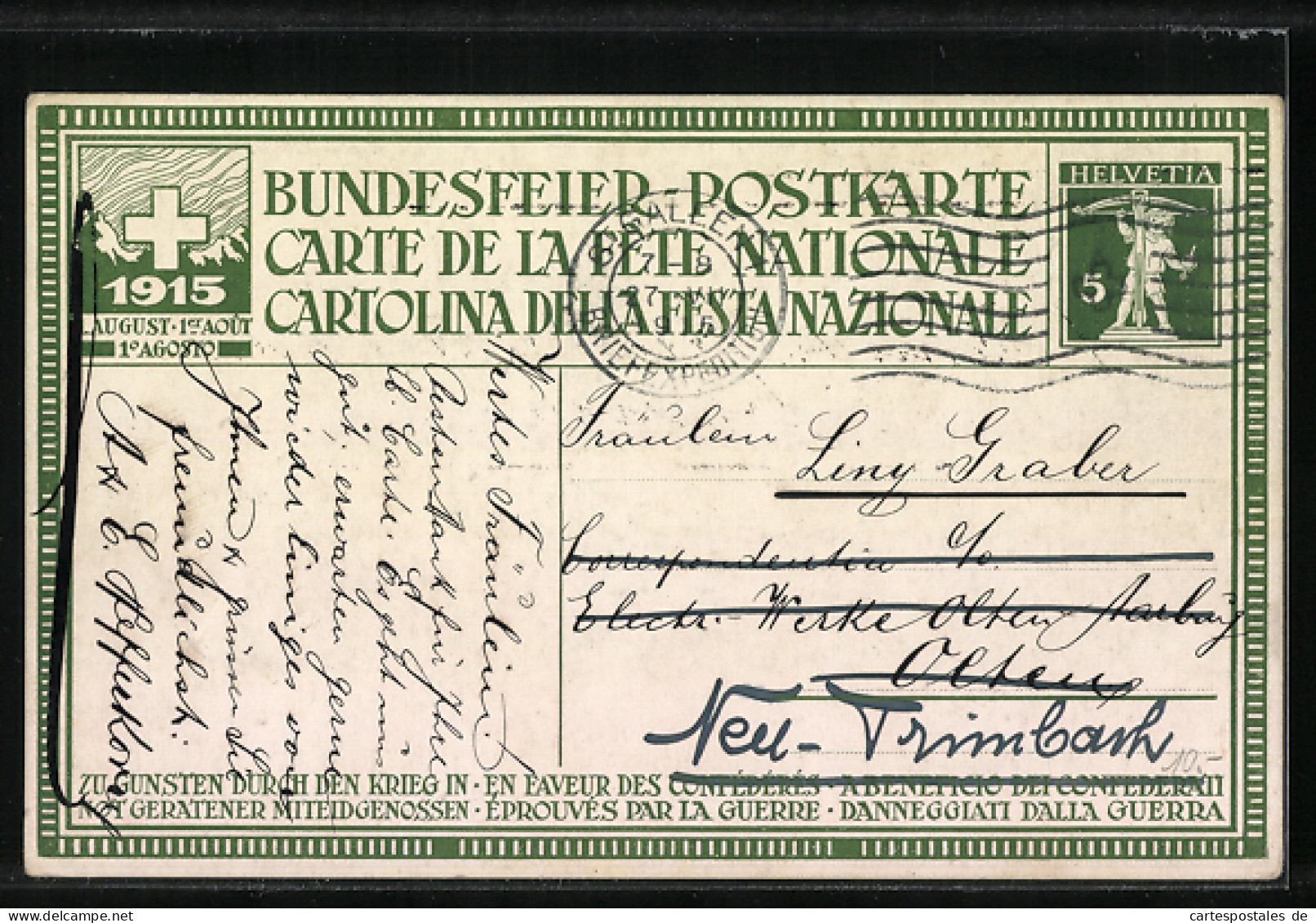 Künstler-AK Schweizer Bundesfeier 1915, Frau Begleitet Flüchtlinge Durch Den Schnee, Ganzsache  - Stamped Stationery