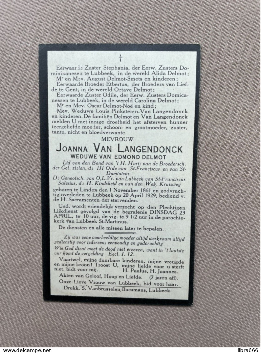 VAN LANGENDONCK Joanna °LINDEN 1861 +LUBBEEK 1929 - DELMOT - Todesanzeige