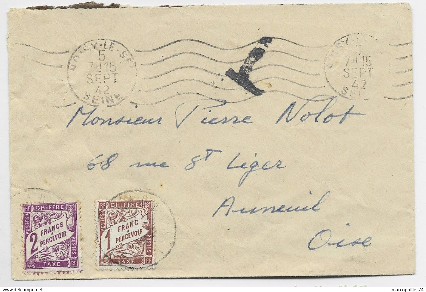 FRANCE TAXE 1FR+2FR VIOLET AUNEUIL OISE 1942 LETTRE NON AFFRANCHIE MEC CHOISY LE SEC 5 SEPT 1942 - 1859-1959 Lettres & Documents